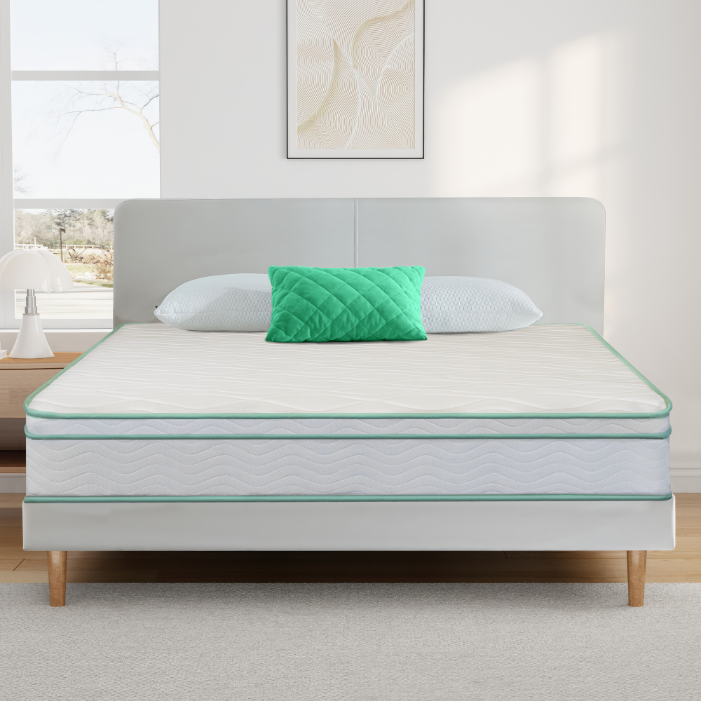 California King Size 10 Inch Cool Gel Memory Foam Innerspring Hybrid Mattress White Green Foam Spring California King