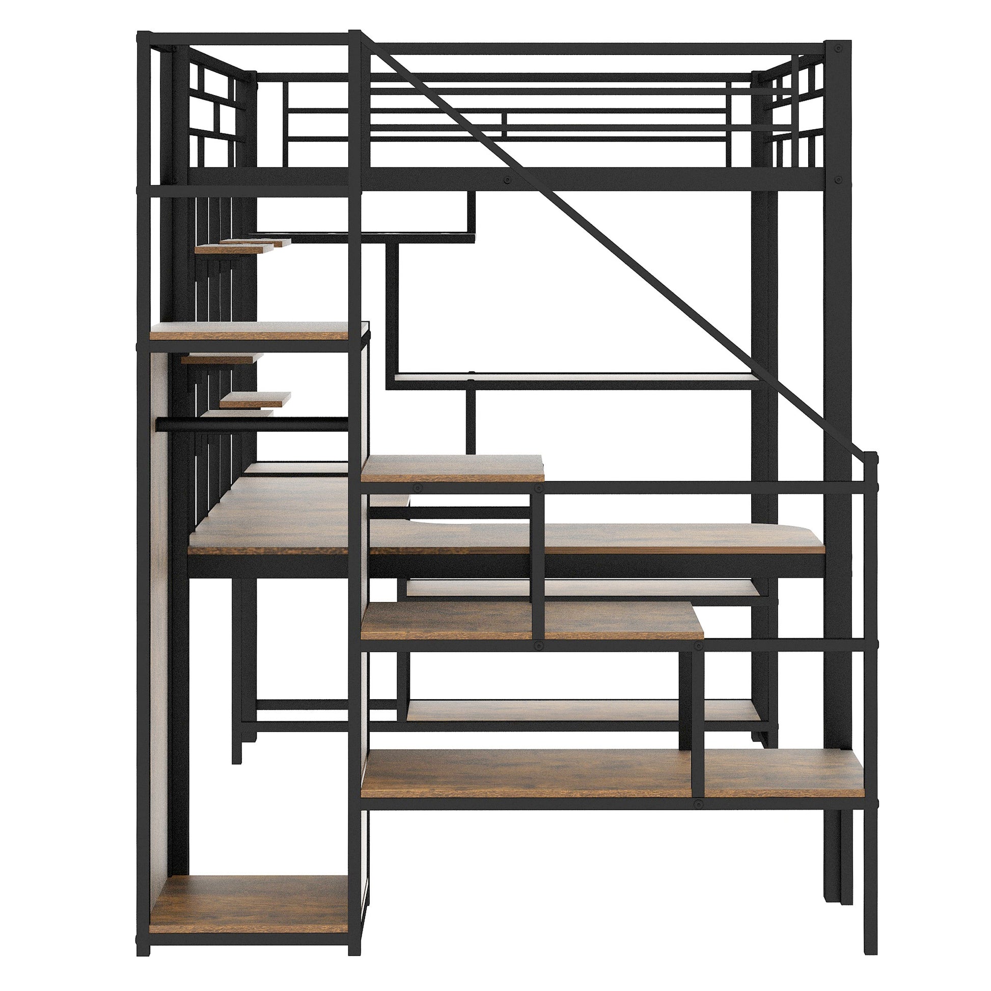 Full Size Metal Loft Bed With Storage Staircase And Small Wardrobe, Built In Desk And Storage Shelves, Black Full Black Metal