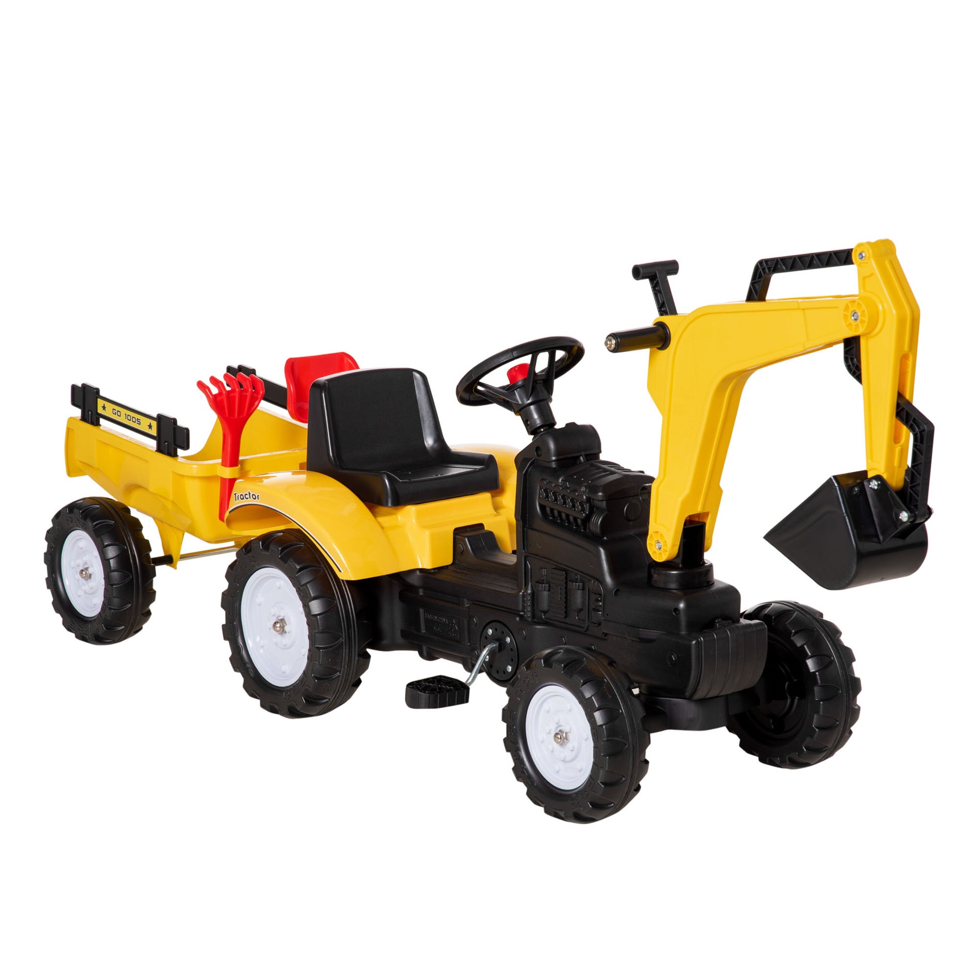 Aosom Digger Ride On Truck Kids Car With Horn, Excavator Ride On Toy, Imaginative Toy Construction Car, 6 Wheels & Detachable Trailer, Yellow Yellow Iron Plastic