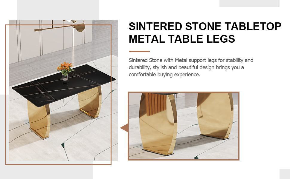 Table And Chair Set,Modern Rectangular Table With 0.4 Inch Black Patterned Tabletop And Gold Legs, Suitable For Kitchen, Dining Room, And Living Roomcomfortable Pu Seats,Perfect For Dinner, Meet Grey Black Seats 4 Sintered Stone