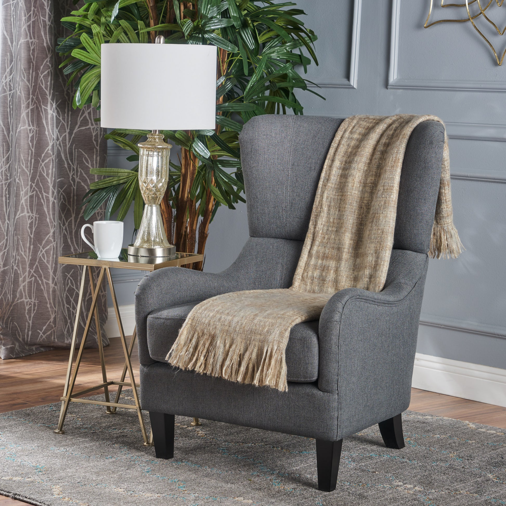 Modern Upholstered Armchair With Solid Leg, Leisure Single Sofa Chair For Living Room Bedroom Reading And Studio Charcoal Fabric