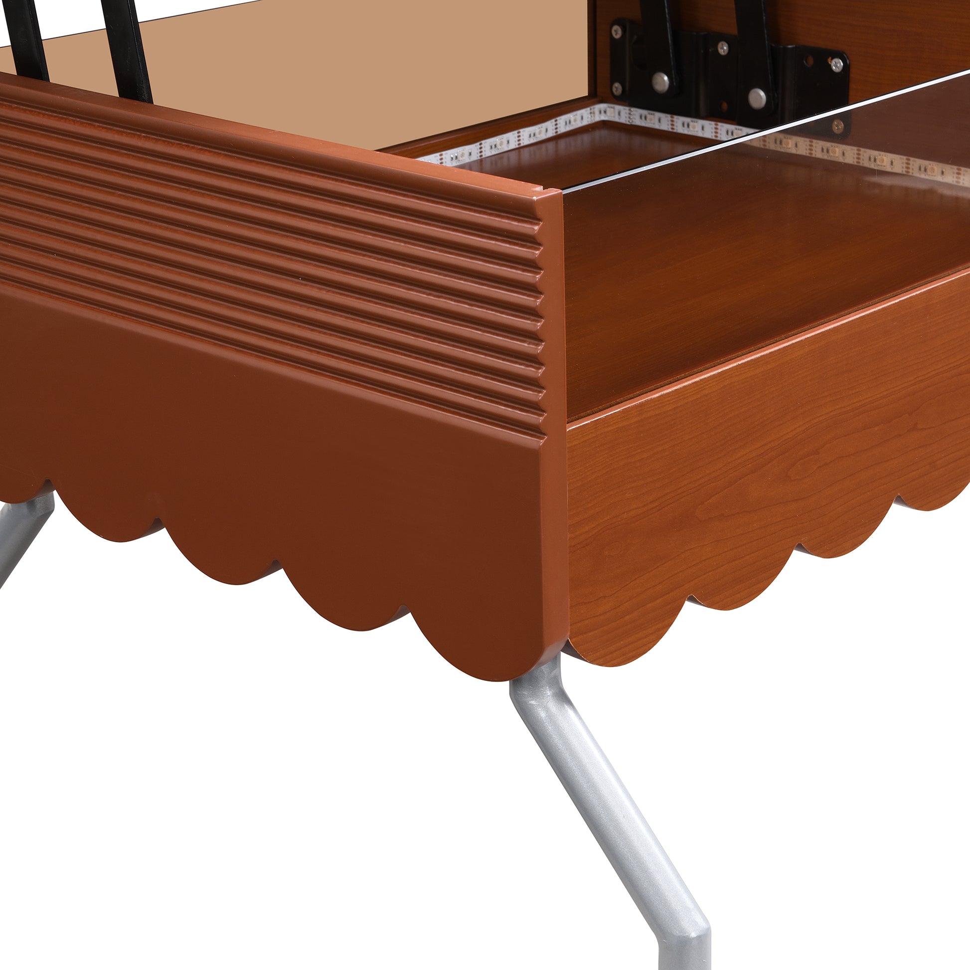 Round Lift Top Coffee Table With Wheels, Metal Frame And Multi Color Lighting In 27.6" Mahogany Glass,Mdf Metal