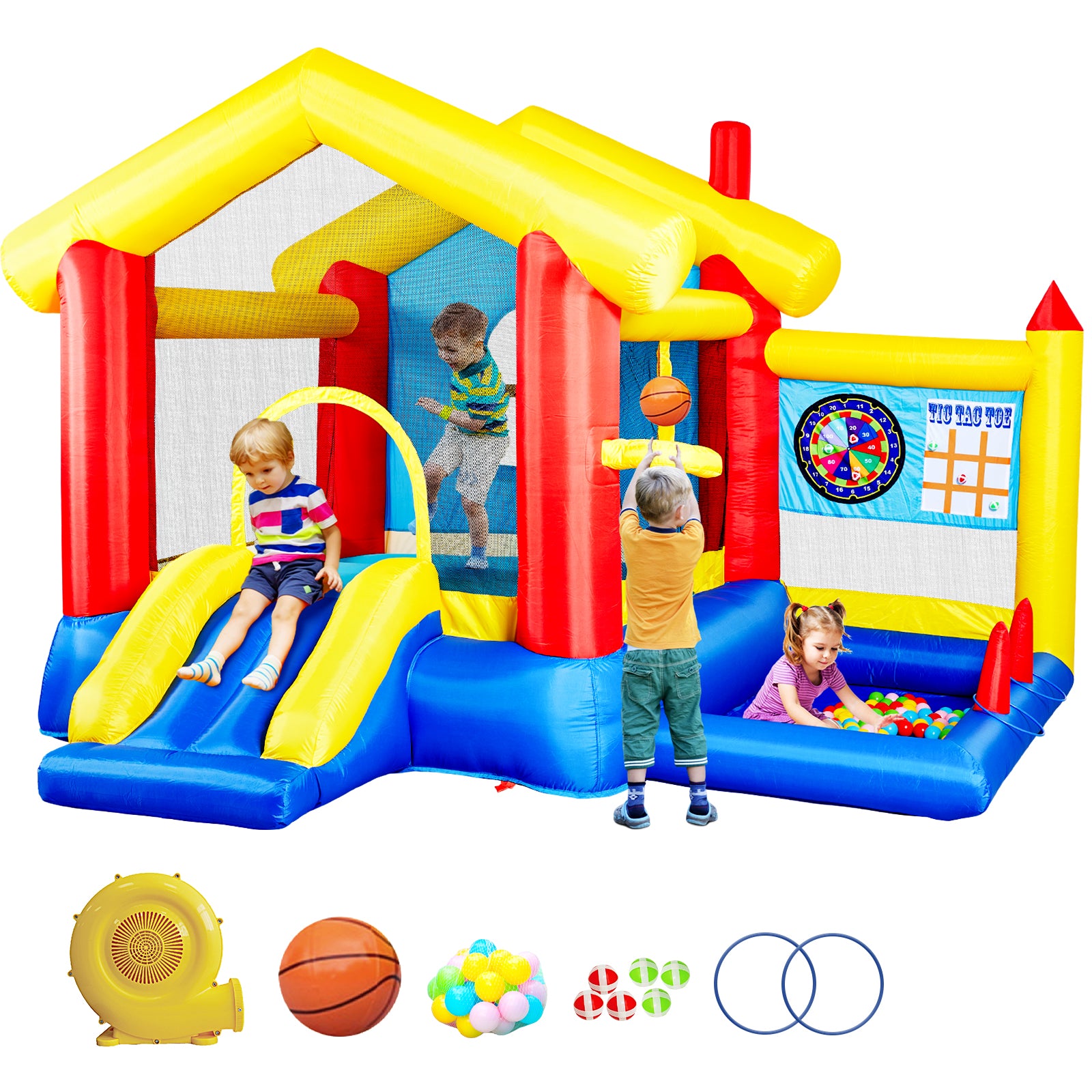 8 In 1 Inflatable Bounce House With Blower Basketball Hoop Ocean Balls Ring Toss Game Target And Sticky Ball Game For Kids Multicolor Oxford Fabric