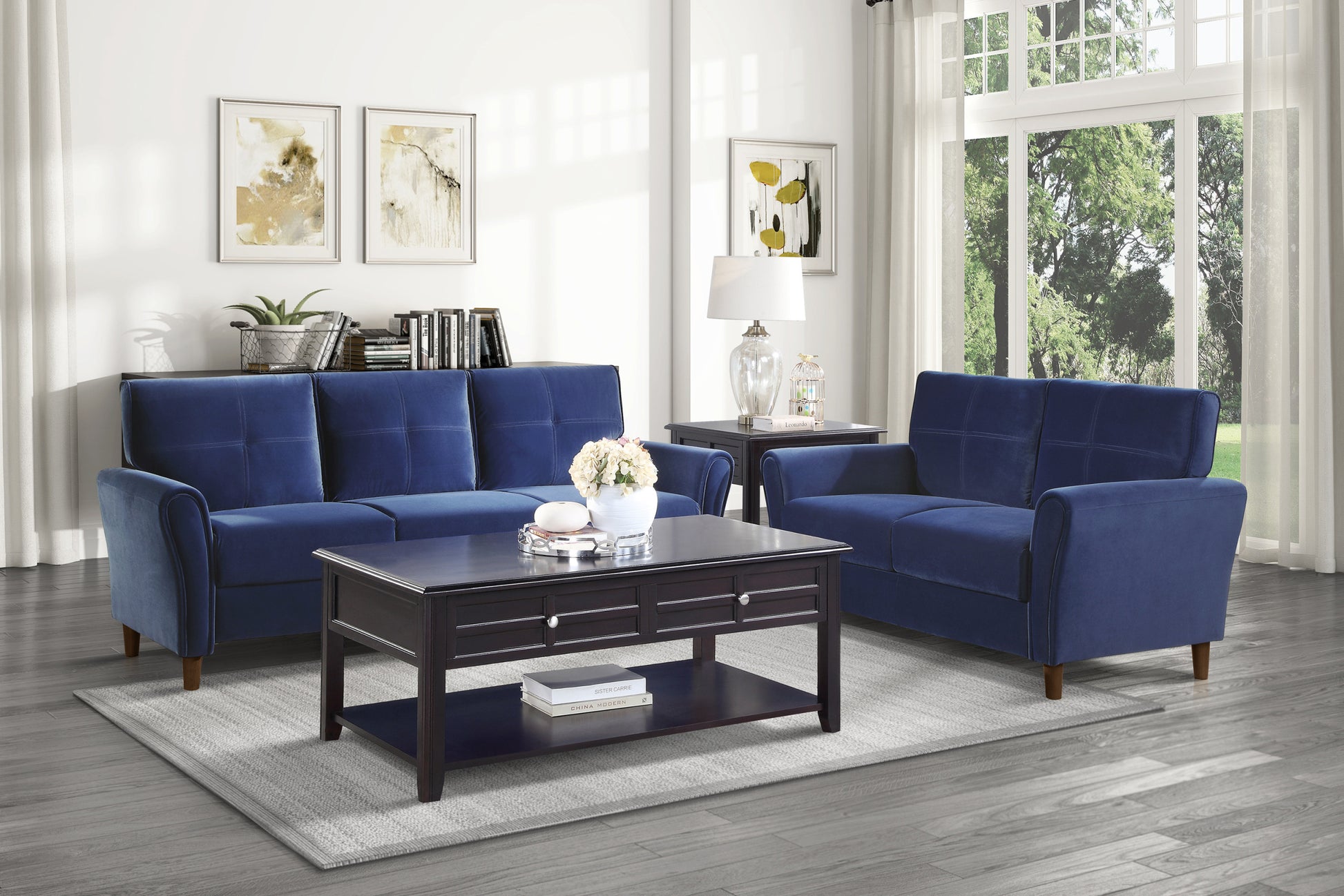 Blue Velvet Upholstery 1Pc Comfort Sofa Plush Seatbacks Tufted Detail Solid Wood Frame Modern Living Room Furniture Blue Velvet Wood Primary Living Space Modern Flared Arms Solid Wood 3 Seat