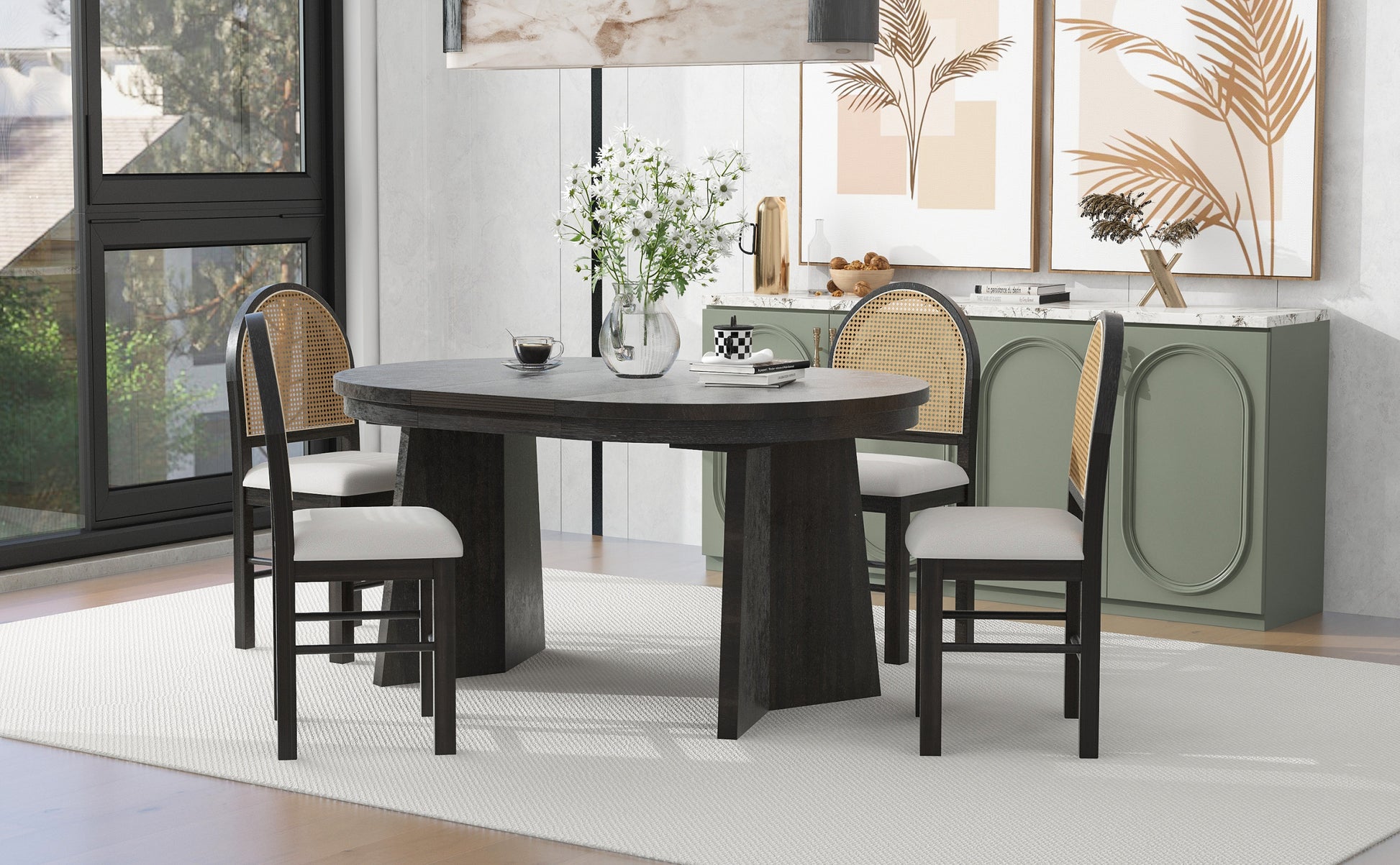 5 Piece Retro Functional Dining Set With 1 Extendable Dining Table And 4 Upholstered Chairs With Rattan Backrests For Dining Room And Kitchen Espresso Espresso Solid Wood Mdf