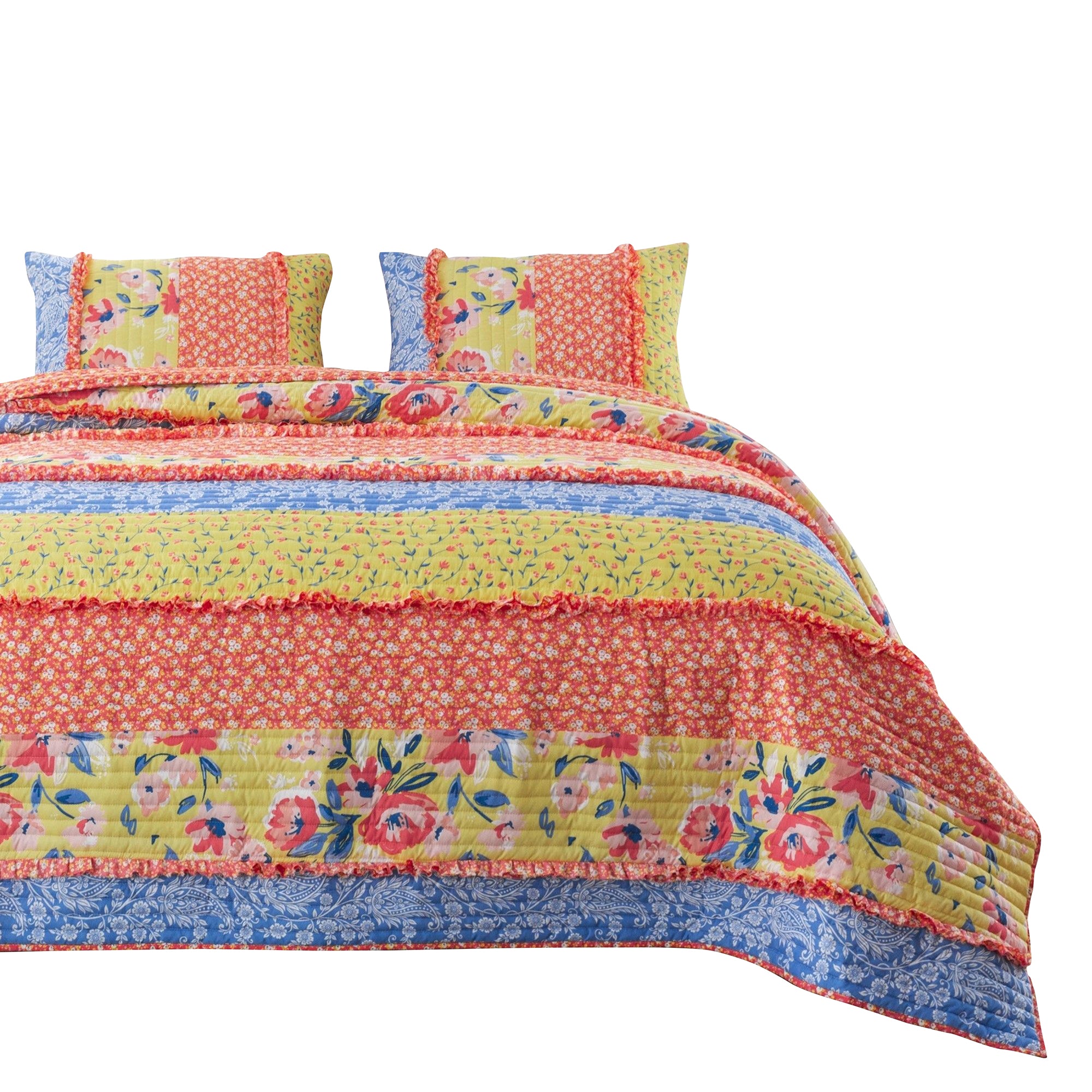 Lio 3 Piece Microfiber Queen Quilt Set, Bohemian Floral Pattern, Multicolor Queen Multicolor Fabric