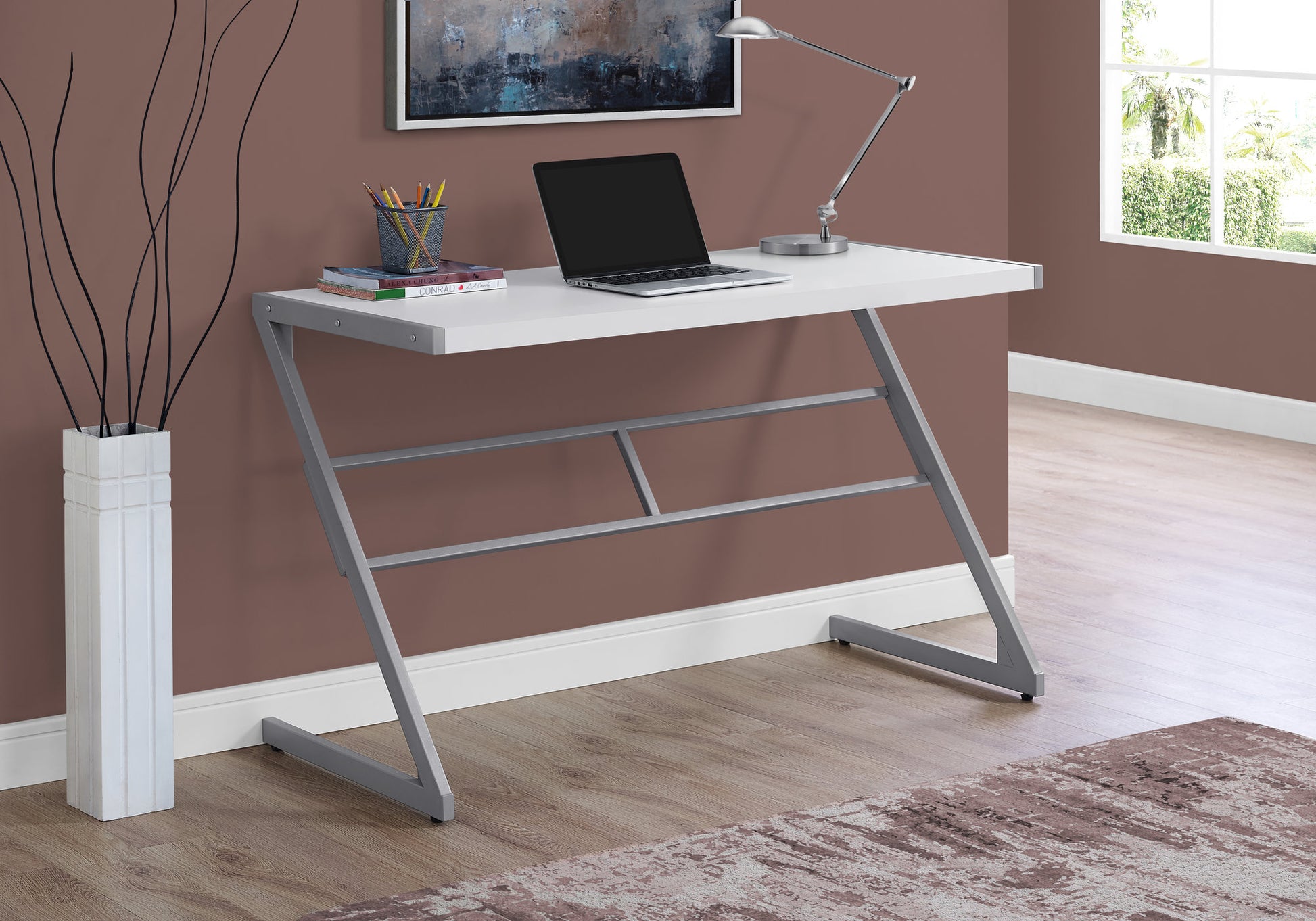 Computer Desk, Home Office, Laptop, 48"L, Work, White Laminate, Grey Metal, Contemporary, Modern White Mdf