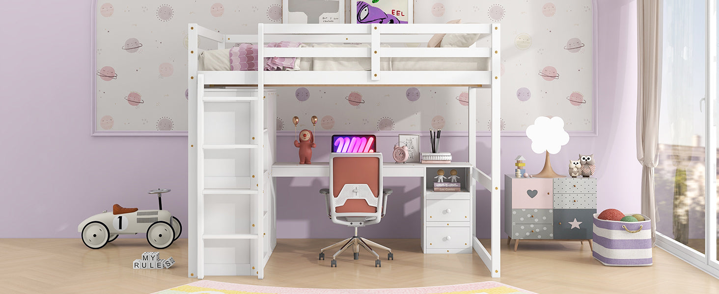 Wood Full Size Loft Bed With Built In Wardrobe, Desk, Storage Shelves And Drawers, White Box Spring Not Required Full White Wood Bedroom Solid Wood Mdf