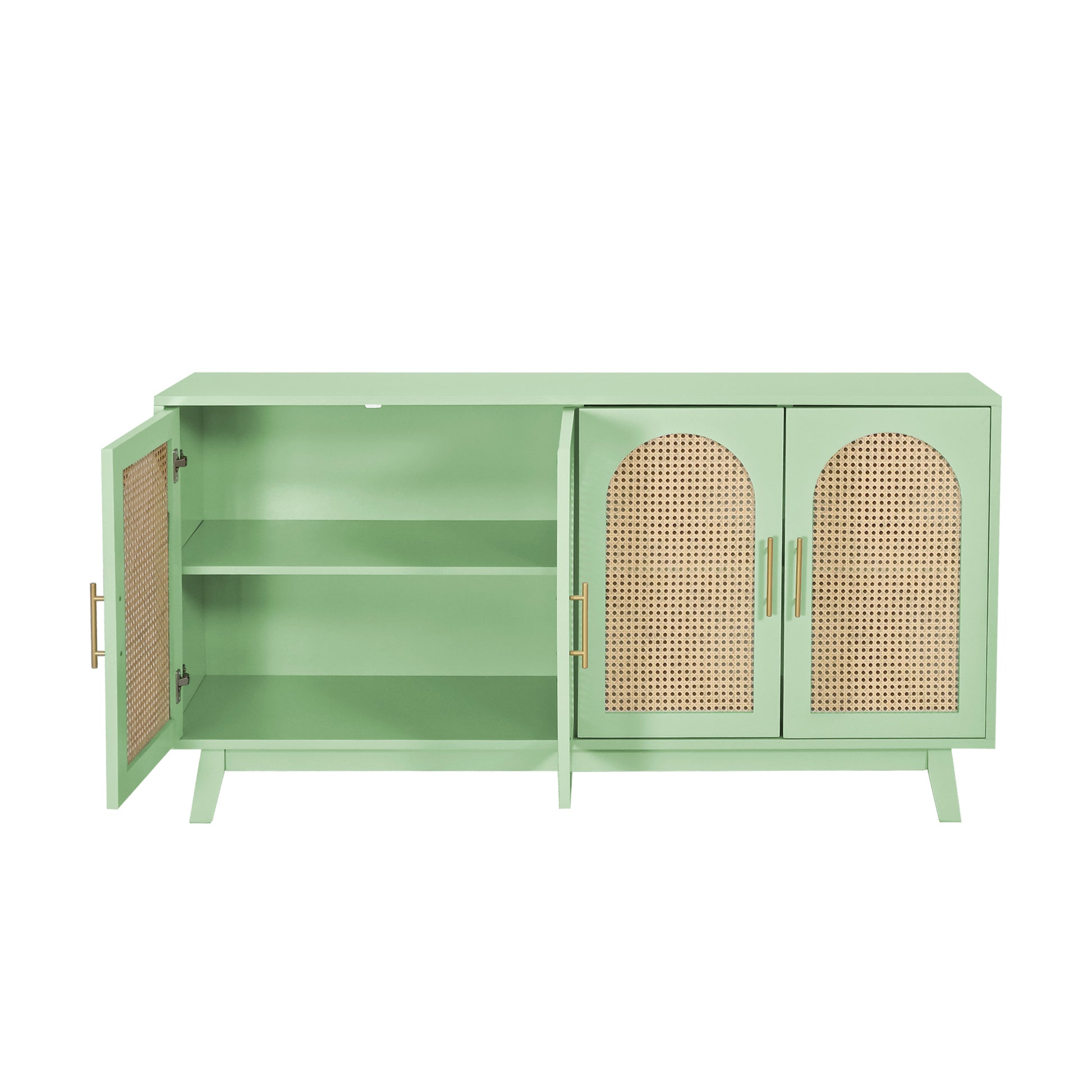 Sideboard Buffet Cabinet With Rattan Doors, Boho 4 Door Cabinet With Metal Handles For Living Room, Hallway, Entryway, Mint Green Mint Green Primary Living Space Mdf