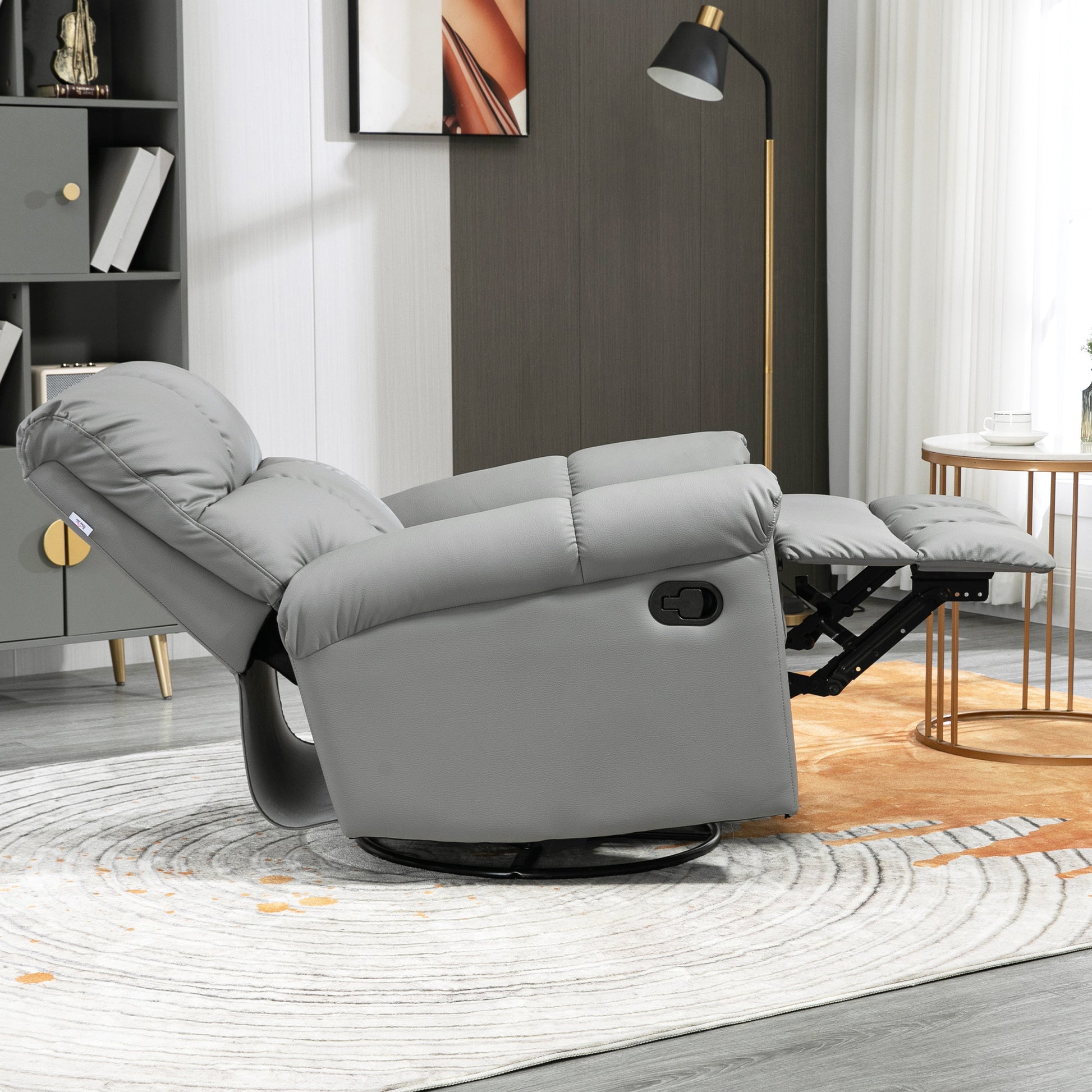 Homcom Rocker Recliner Chair With Overstuffed Back And Seat, Faux Leather Manual Reclining Chair With Footrest And 360 Swivel Rotation Base For Living Room, Gray Gray Polyester