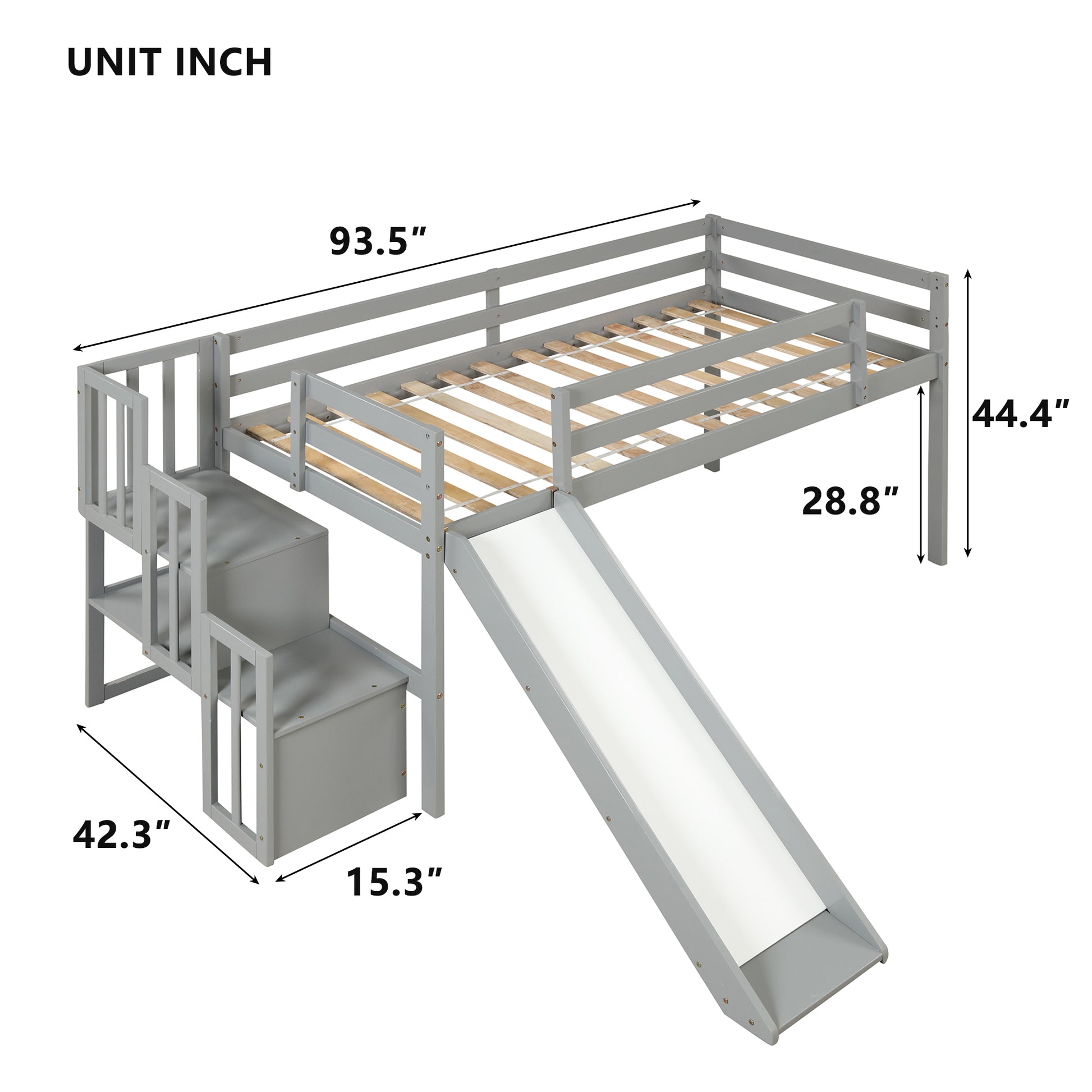 Loft Bed With Staircase, Storage, Slide, Twin Size, Full Length Safety Guardrails, No Box Spring Needed, Grey Old Sku:W504S00005 Twin Grey Pine