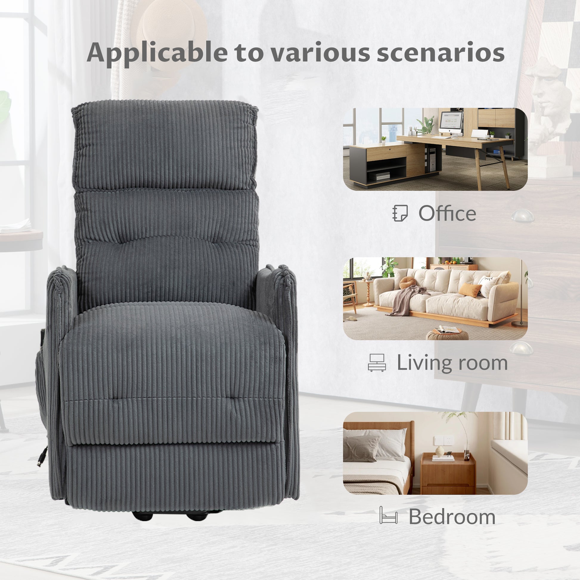 Coolmore Recliner Chair, Electric Recliner Chairs For Adults, Side Pocket Power Reclining Chair Pocket Springs Seat Cushion, Corduroy Fabric Recliner Sofa For Living Room, Bedroom, Home Theater Dg Dark Gray Foam Corduroy