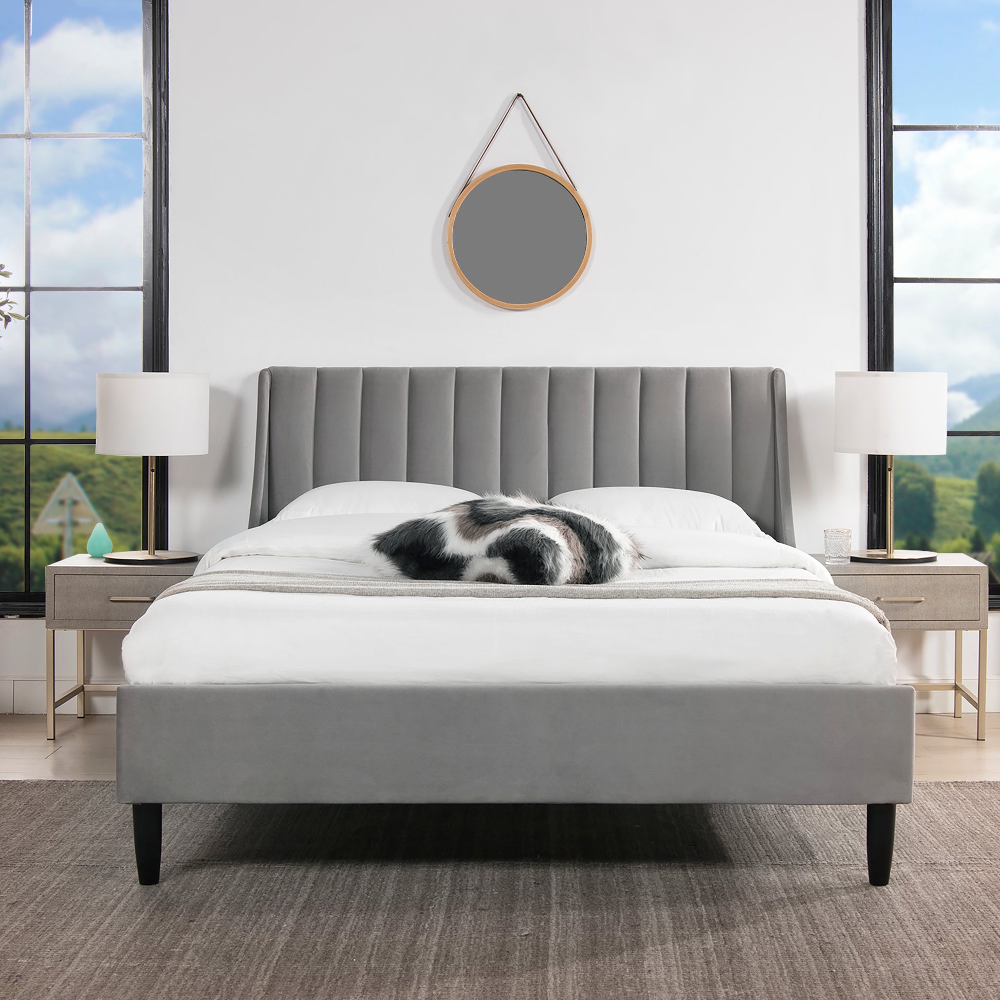 Aspen Vertical Tufted Modern Headboard Platform Bed Set, Queen, Opal Grey Velvet Box Spring Not Required Queen Gray Wood Foam Velvet Velvet