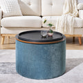 2 Piece Set Round Chenille Storage Ottoman, Equipped With A Drum Shaped Small Stool, Storage Space, And Mdf Made Desktop Panel Dark Blue23.62