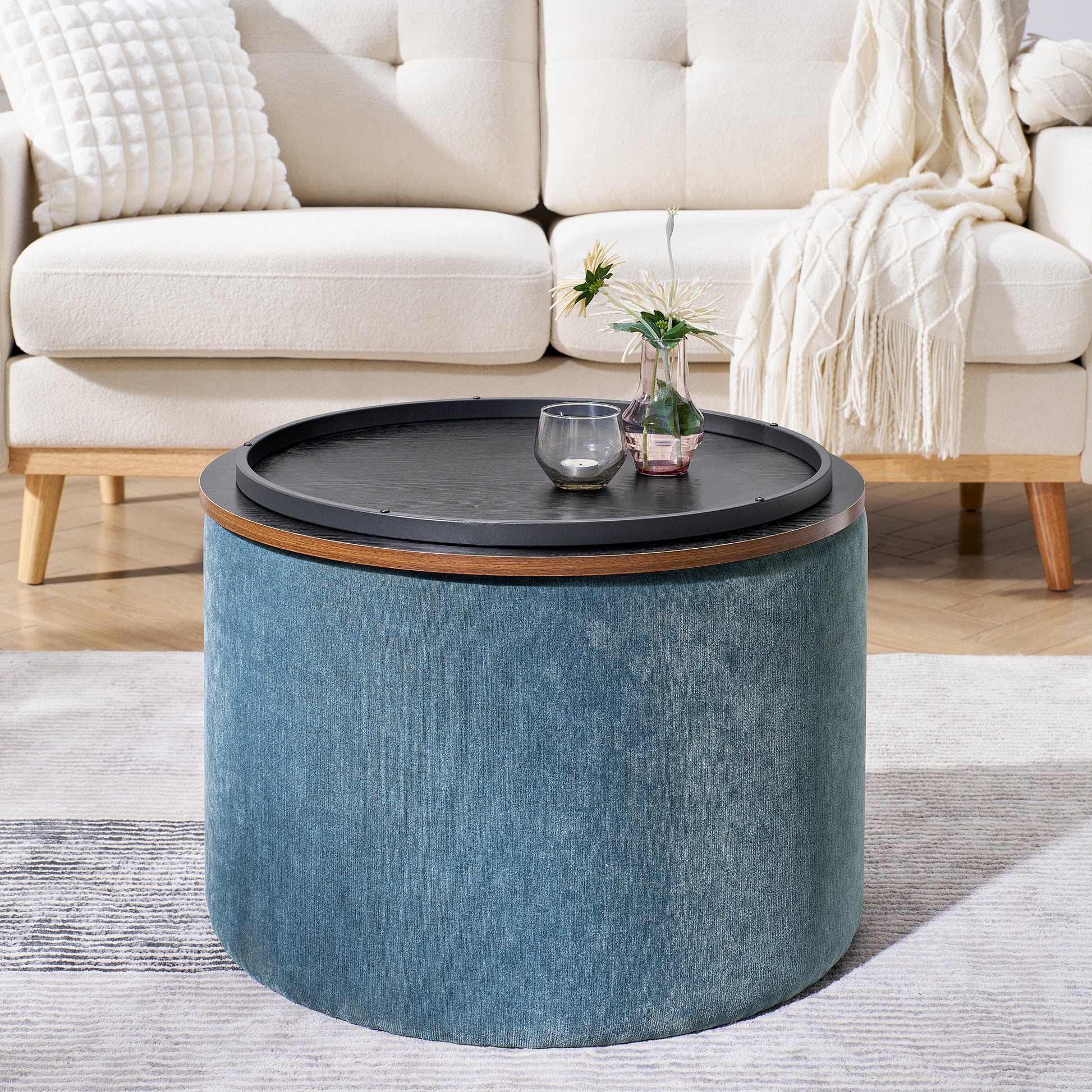 2 Piece Set Round Chenille Storage Ottoman, Equipped With A Drum Shaped Small Stool, Storage Space, And Mdf Made Desktop Panel Dark Blue23.62"X23.62"X16.53" Dark Blue Chenille