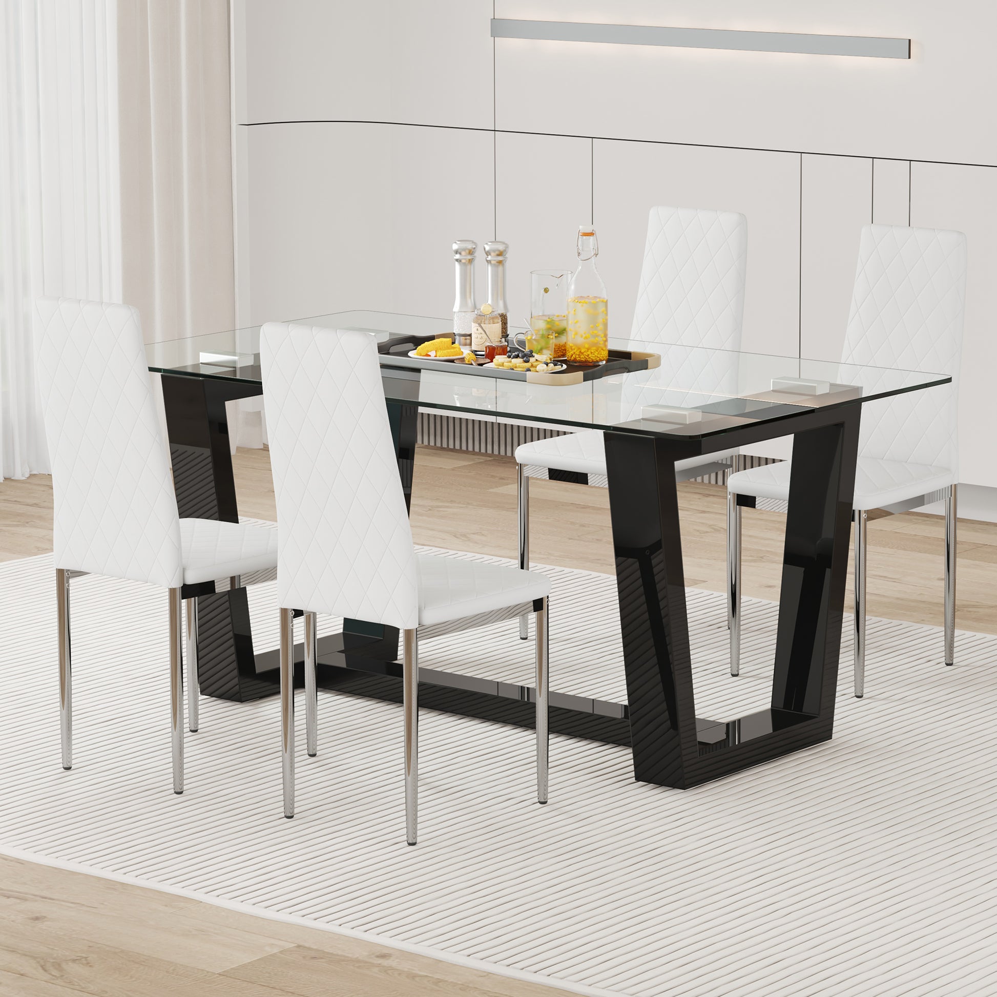 Table And Chair Set.A Rectangular Dining Table Features With Tempered Glass Top And Sleek Black Mdf Stand.Paried With 4 Pu Chairs With Checkered Armless High Back And Electroplated Metal Legs. Transparent,White Seats 4 Mdf Glass