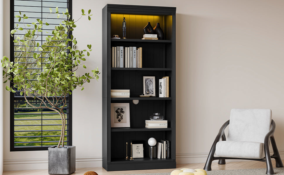 83.4" Tall Wood Bookcase With Light Strip,5 Tier Decor Bookshelves With Adjustable Shelves,Storage Organizer For Cds Books Movies,Free Standing Storage Shelves For Living Room,Home Office,Black