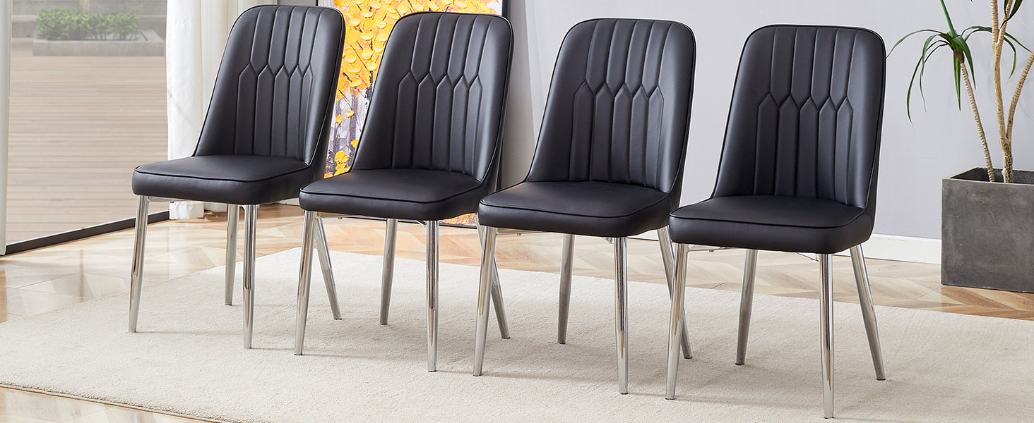 4 Modern Dining Chairs, Smooth Pu Leather Backrest And Silver Toned Metal Legs For A Comfortable Home Experience For Kitchens, Bedrooms And Offices. Black Pu