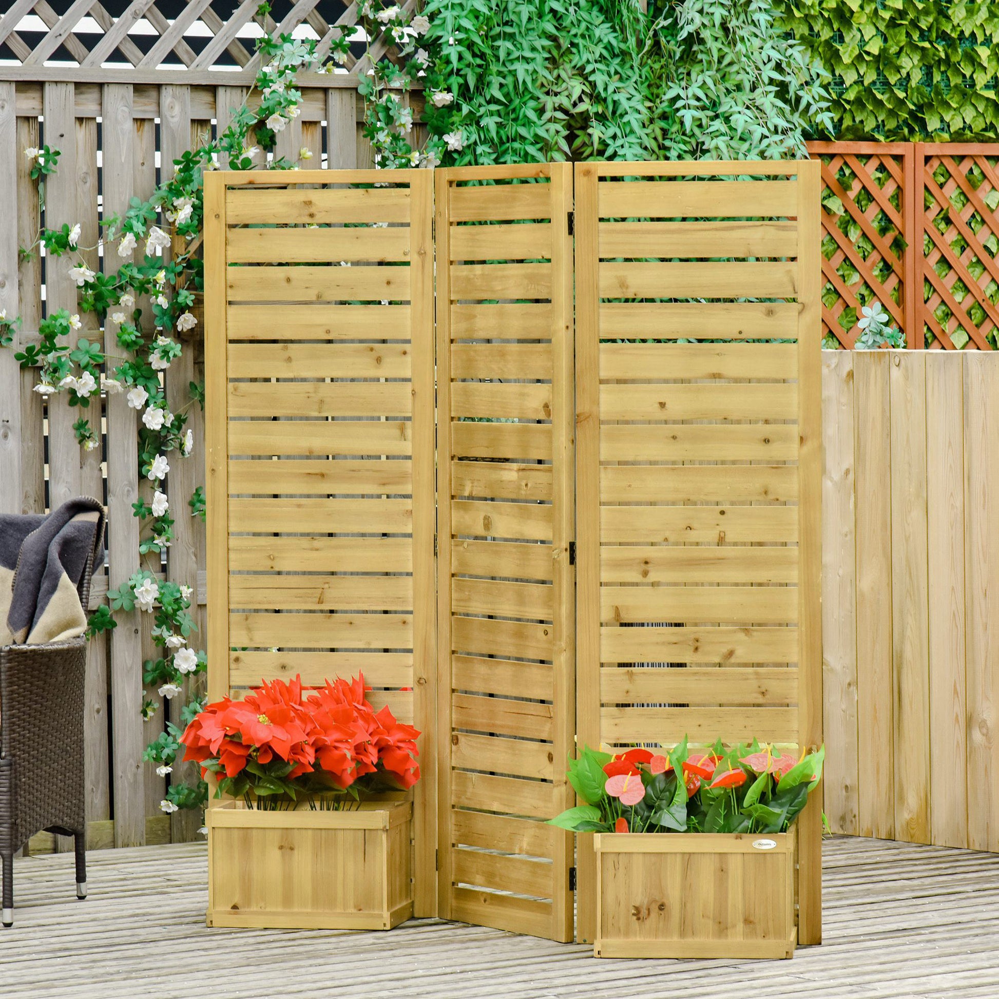 Outsunny Freestanding Outdoor Privacy Screen, 4 Self Draining Planters Raised Garden Beds, 3 Hinged Panels For Hot Tub, Patio, Backyard, Deck, Natural Natural Wood