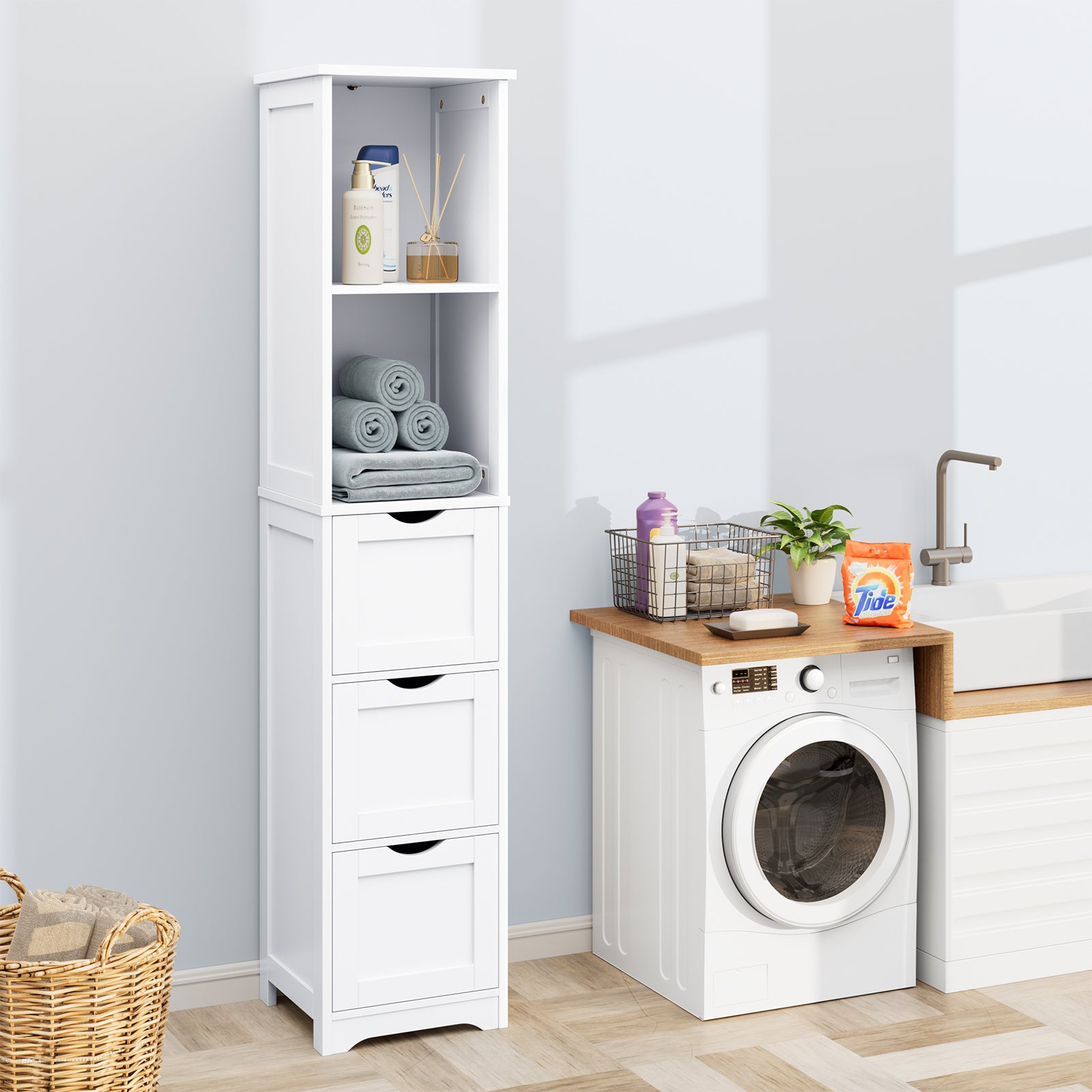 Bathroom Tall Storage Cabinet, Slim Free Standing Cabinet With 3 Drawers And 2 Shelves,Floor Cabinet For Small Space, 11.8" D X 12.6" W X 57.5" H, White Ameican White Oak Rubber Wood