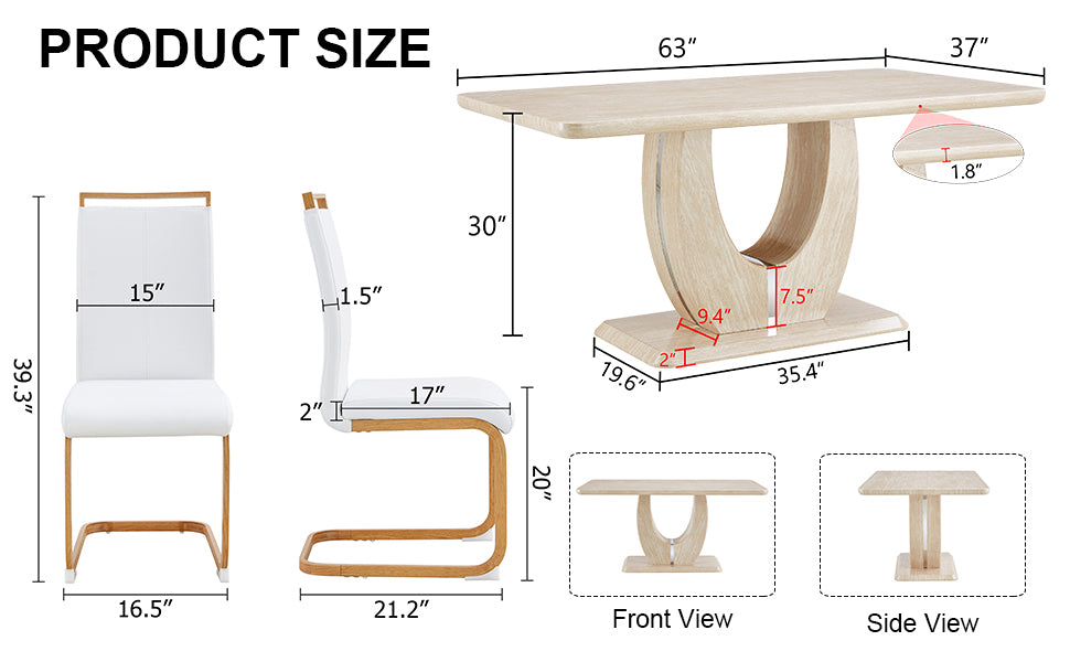 Table And Chair Set.Modern Minimalist Luxury Mdf Rectangular Dining Table With Textured Stickers On The Table, 6 Pu Synthetic Leather High Backrest Soft Cushioned Side Chairs. White Seats 6 Mdf