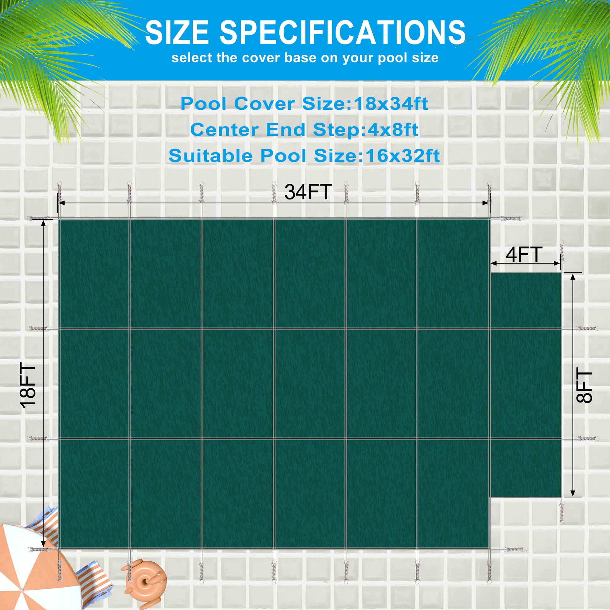 Pool Safety Cover, Fits 16X32Ft Rectangular Inground Winter Swimming Pools, With 4X8Ft Center End Step, Triple Stitched, High Strength Mesh Pp, Great Rain Permeability, Installation Hardware, Green Green Polypropylene