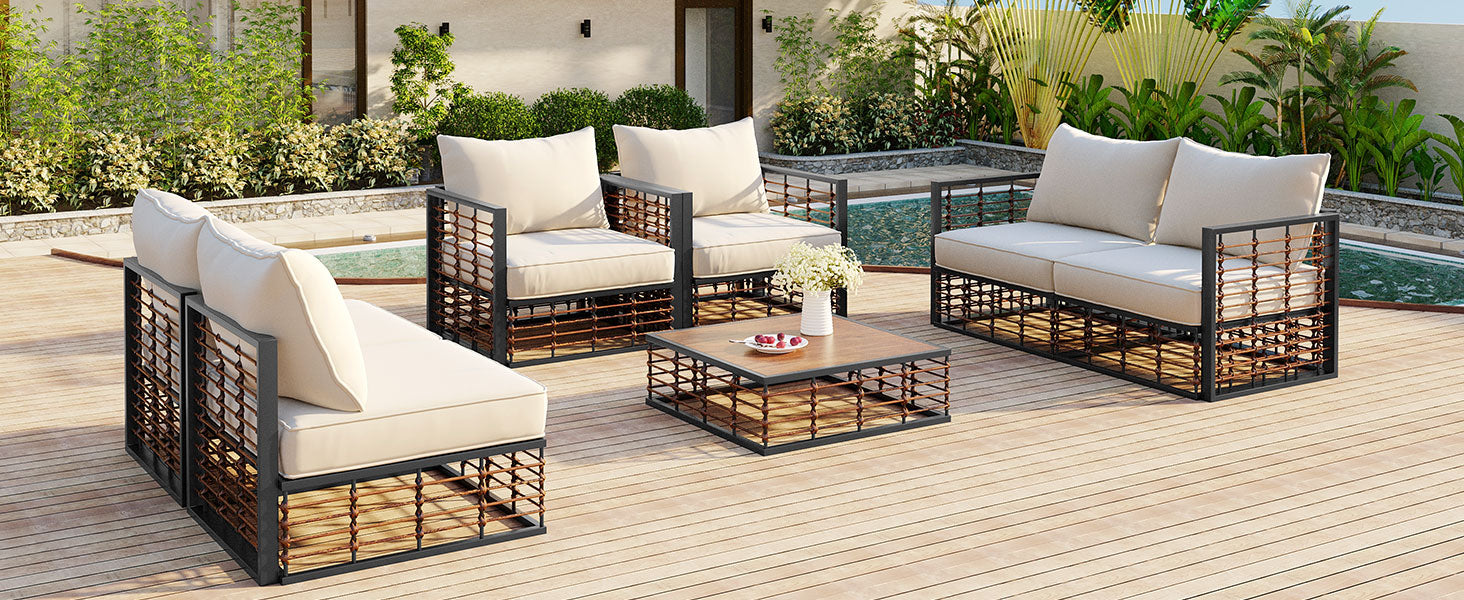 Modern Minimalist 7 Piece Metal Patio Sectional Sofa Set, All Weather Garden Conversational Furniture Set With Thick Cushions And Coffee Table For Indoor Outdoor, Gray Yes Deep Seating White Weather