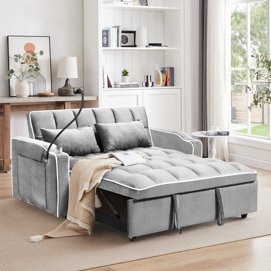 Multi Functional Pullout Sofa Bed, 3 Lengths, Modern Sofa Sofa Velvet Pull Out Bed, Adjustable Back, With Usb Port, Ashtray And Swivel Phone Stand Light Grey Light Brown Wood Primary Living Space