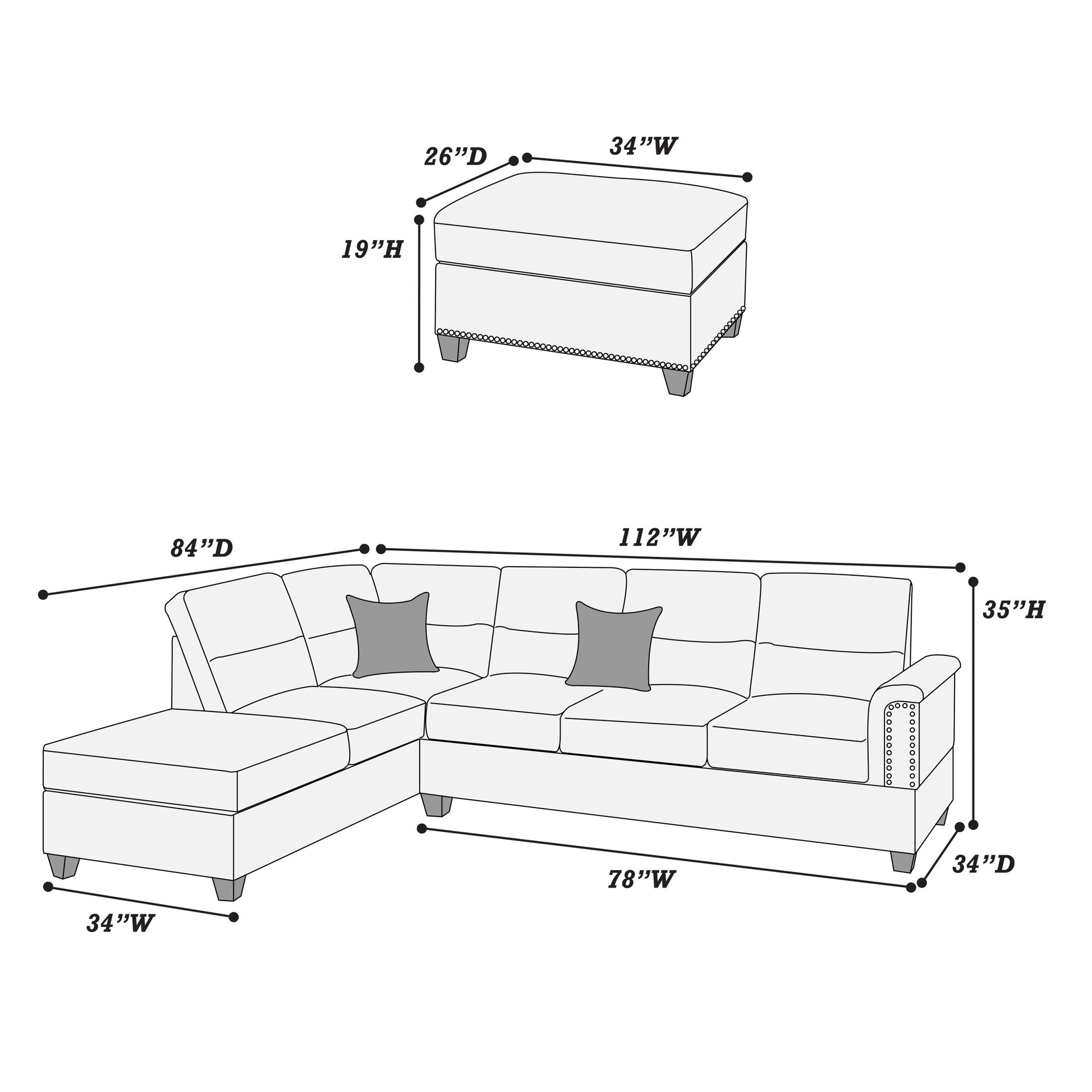 Contemporary 3 Pcs Reversible Sectional Set Living Room Furniture Espresso Faux Leather Couch Sofa Chaise Ottoman Espresso Faux Leather Primary Living Space Cushion Back Contemporary,Modern,Transitional L Shaped Rubberwood Faux Leather 5 Seat