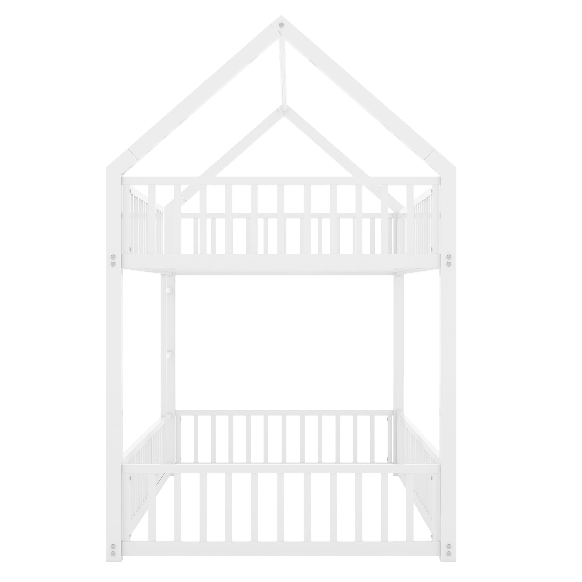 Metal Twin Over Twin House Bunk Bed With Fence And Door, White Box Spring Not Required Twin White Metal Bedroom Metal