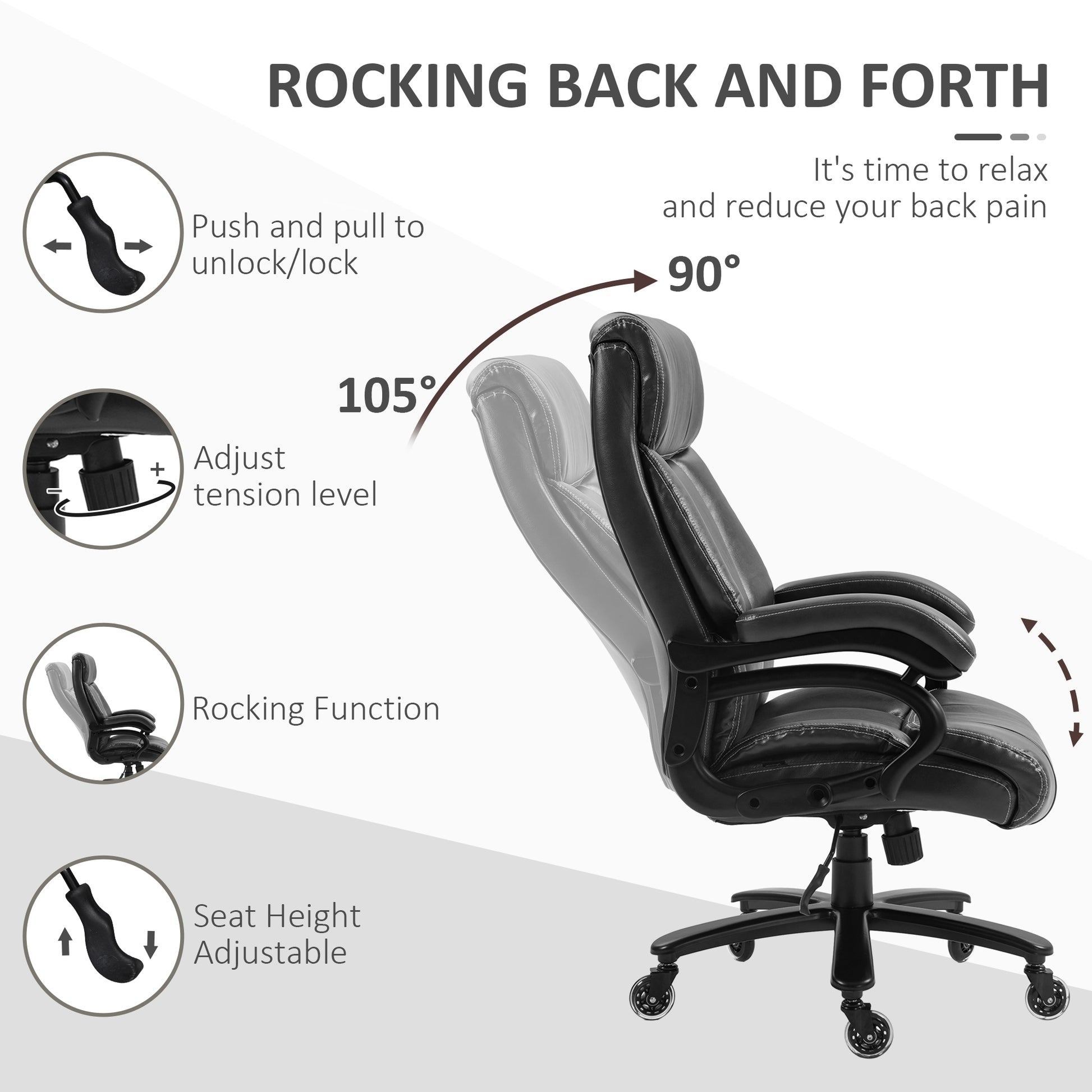 Vinsetto Big And Tall Office Chair, Pu Leather Desk Chair 400Lb, Black Black Pu Leather