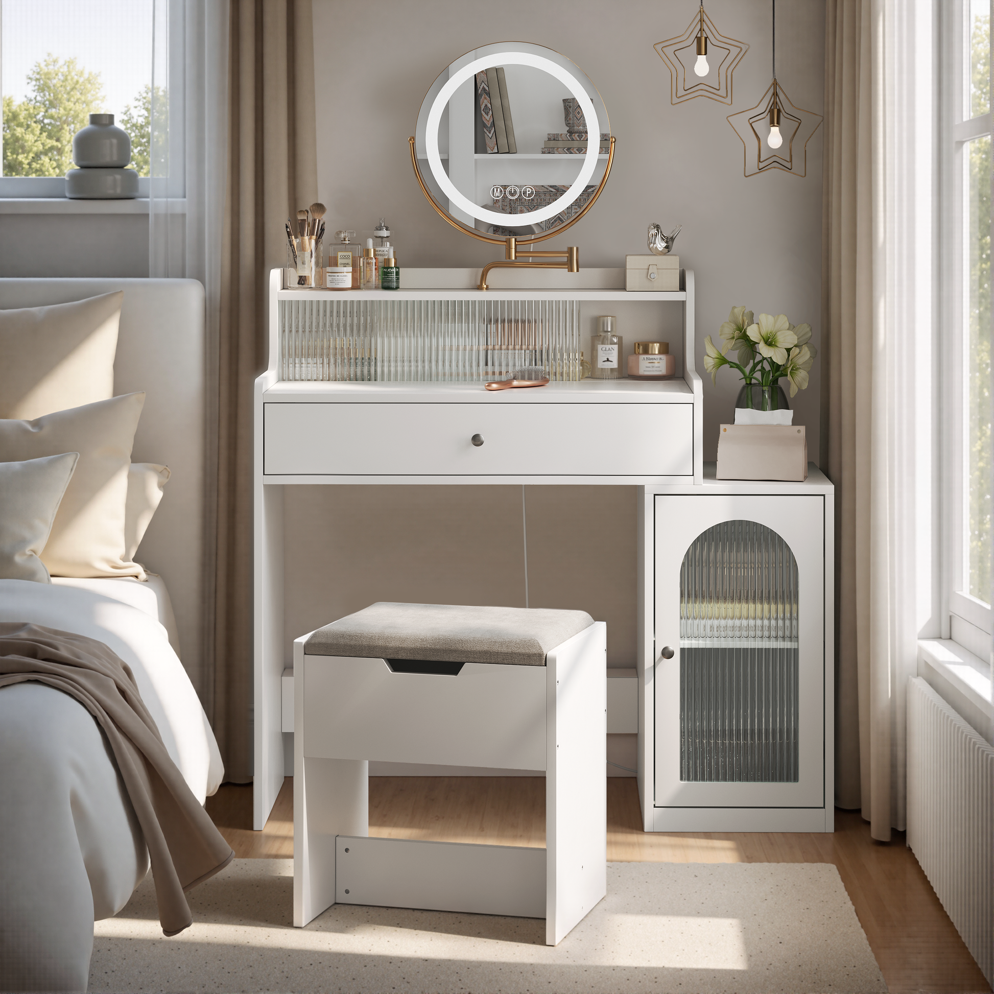 White Vanity Desk With 360 Rotated Mirror And Adjustable Lights, Girls Makeup Vanity Table With Storage Chair And Side Cabinet With Waveform Glass Doors, Dressing Table With Drawer For Bedroom