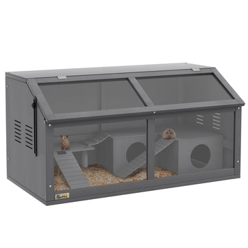 Pawhut Wooden Hamster Cage, Hamster Habitat, Small Animal Cage Playhouse For Gerbils Mice With Suspension Bridge, Ladders, Openable Top, Hut, 33.5" X 18" X 17" Charcoal Grey Wood