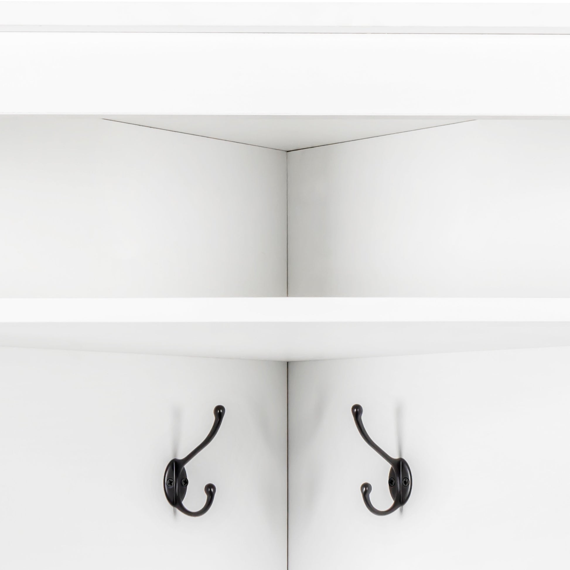 Minimalist Corner Hall Tree With Shoe Bench, Versatile Entryway Coat Rack With 4 Hooks, Corner Cabinet With Adjustable Shelf For Hallway, Living Room, White, 29.5''W*71.6''H White Particle Board