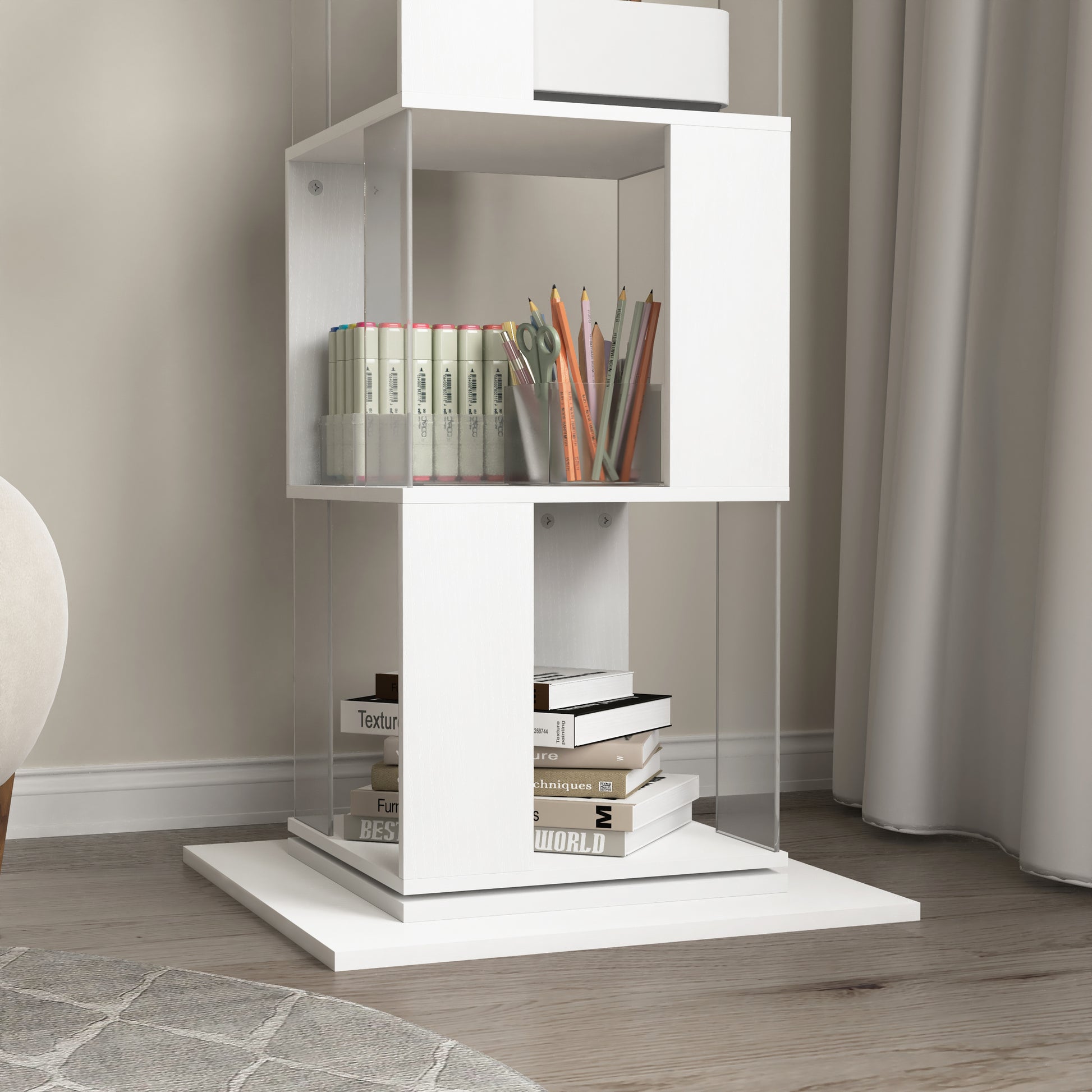 5 Tier Rotating Bookshelf, Floor Rack Simple Bookcase With Acrylic Plate Student Multi Function Creative Bookshelf For Living Room With Anti Toppling Base White Particle Board