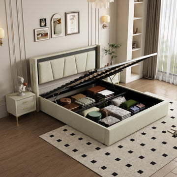 Queen Size, Cotton And Linen Fabric, Pneumatic Bed, With Storage Space Under The Bed, Stable Bed Structure,Light Gray Queen Light Gray Mdf Acacia