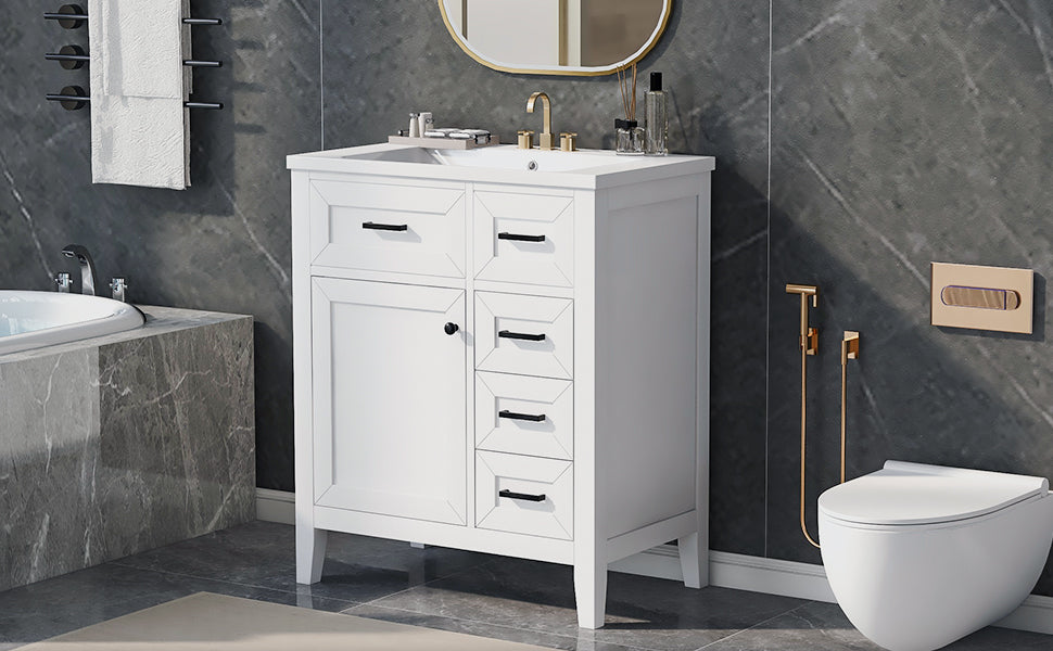 30" Bathroom Vanity With Sink Combo, White Bathroom Cabinet With Drawers, Solid Frame And Mdf Board White Solid Wood Mdf