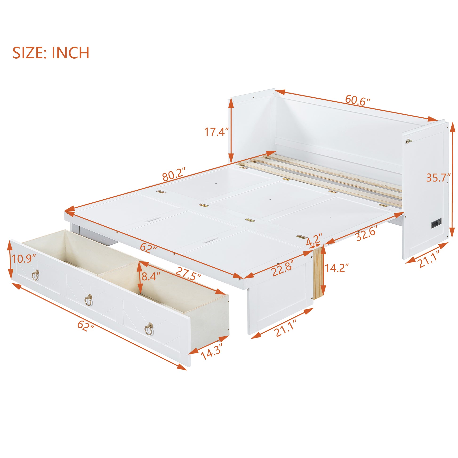 Queen Size Murphy Bed With Usb Port And A Large Drawer, White Queen White Solid Wood Mdf