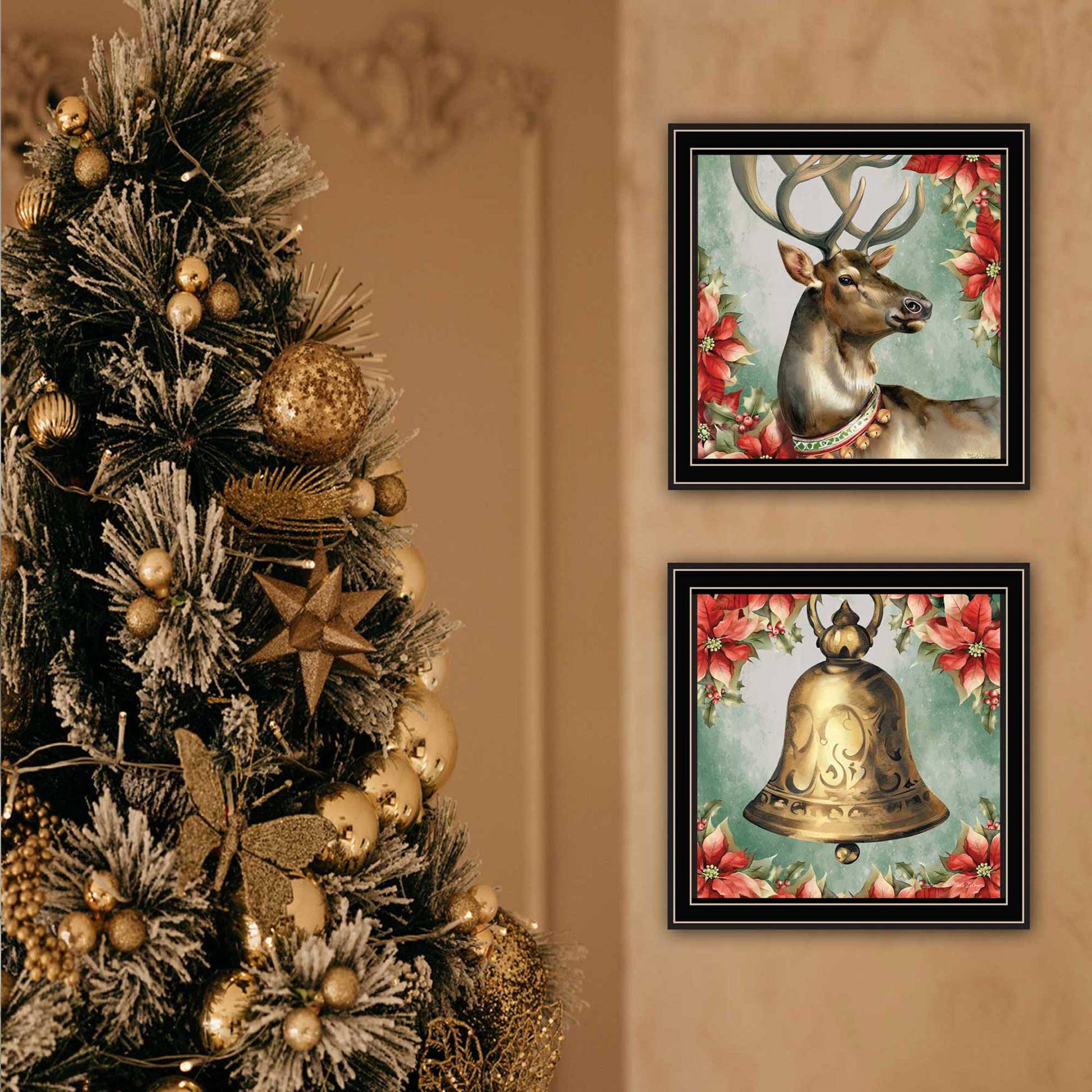2 Piece Vignette Old World Reindeer & Bell Black Framed Wall Art For Living Room, Holiday Wall Art Print For Home Decor, Bedroom Wall Art By Nicole Decamp Multicolor Wood Paper