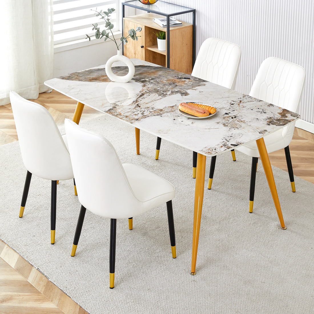 Table And Chair Set.Modern Minimalist Dining Table. White Imitation Marble Pattern Sintered Stone Desktop With Golden Metal Legs.Paried With 4 Comfortable Chairs With Pu Seats And Black Metal Legs.