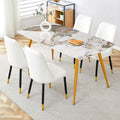 Table And Chair Set.Modern Minimalist Dining Table. White Imitation Marble Pattern Sintered Stone Desktop With Golden Metal Legs.Paried With 4 Comfortable Chairs With Pu Seats And Black Metal Legs.