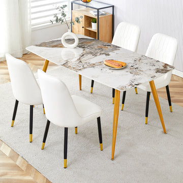 Table And Chair Set.Modern Minimalist Dining Table. White Imitation Marble Pattern Sintered Stone Desktop With Golden Metal Legs.Paried With 4 Comfortable Chairs With Pu Seats And Black Metal Legs.