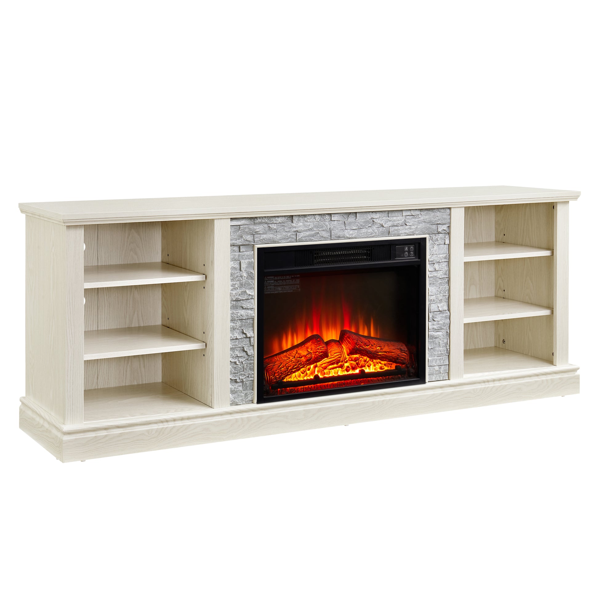 Large Faux Stacked Stone Tv Desk Storage Rack, Media Console Table With Large Storage Cabinet,Modern Tv Media Stand With 23" Fireplace Insert,White, 70.12"W*15.35"D*25.83"H White 70 79 Inches Mdf