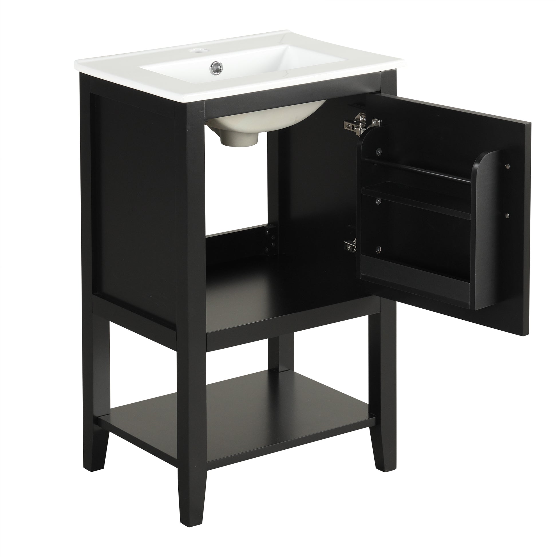 20" Bathroom Vanity With Sink, Bathroom Cabinet With Soft Closing Door, Storage Rack And Open Shelf, Black Black Solid Wood Mdf