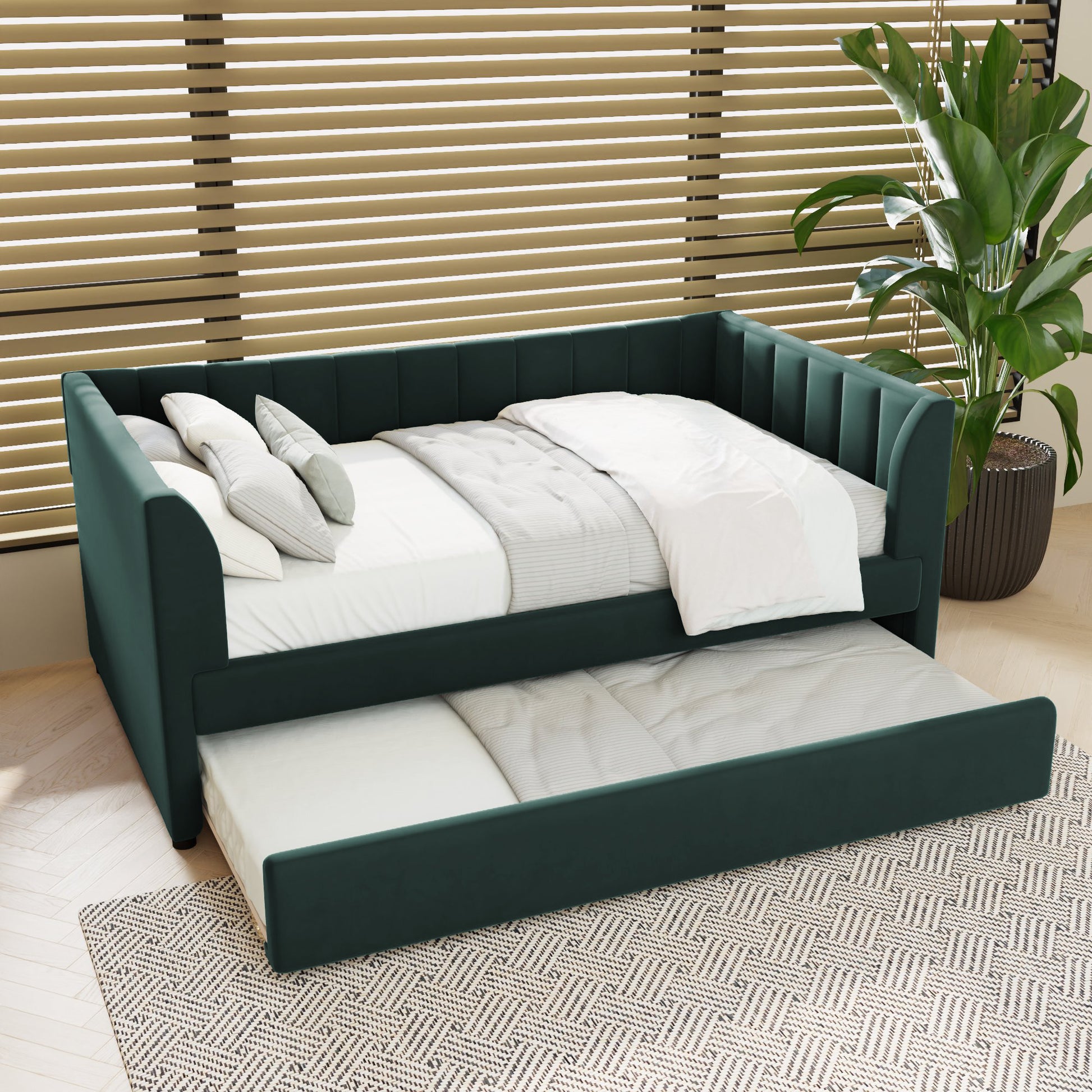 Twin Size Upholstered Velvet Daybed With Trundle, Green Box Spring Not Required Twin Green Wood Bedroom Bed Frame Velvet Upholstered