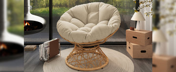 40" Ergonomic Wicker Chair With Cloud Thick Density Fabric Cushion,3 Proof Cover,High Capacity Iron Frame,Fluid 360 Degree Swivel For Reading,Living Room, Bedroom,Lounge,Natural Base,2 Colors