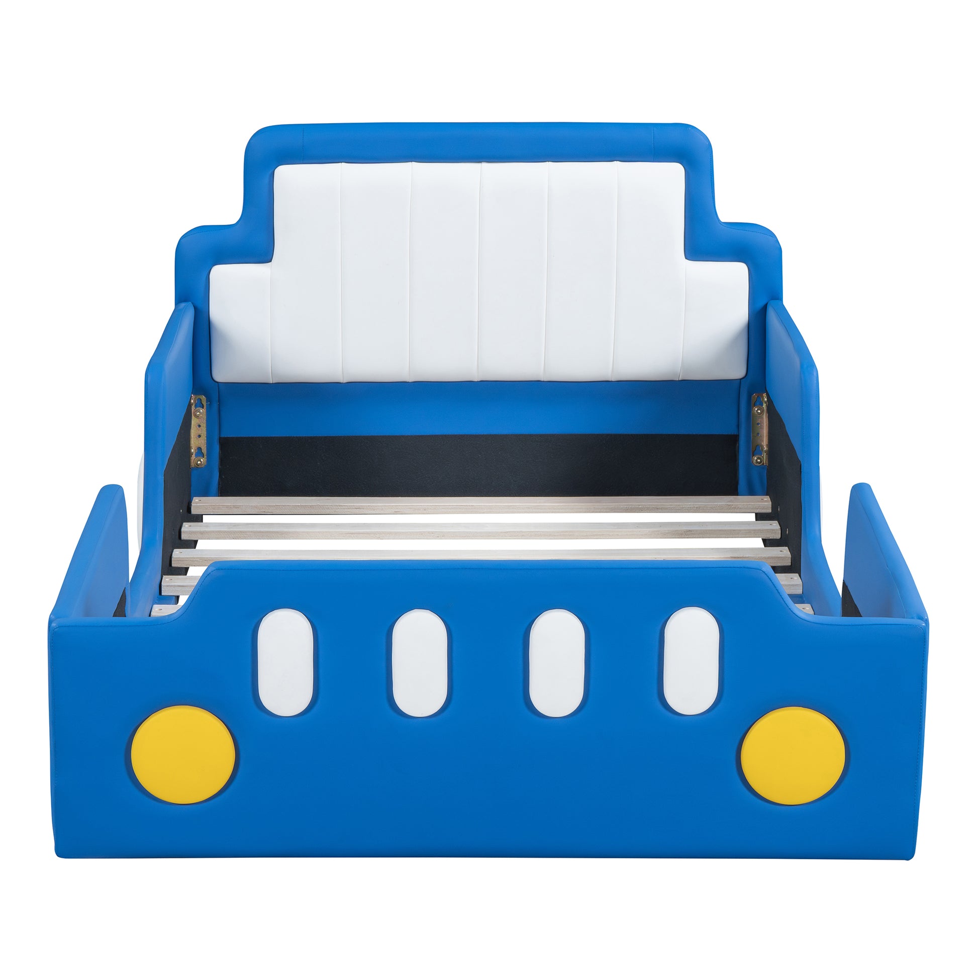 Twin Size Race Car Shaped Platform Bed With Wheels,Blue Twin Blue Pu Leather