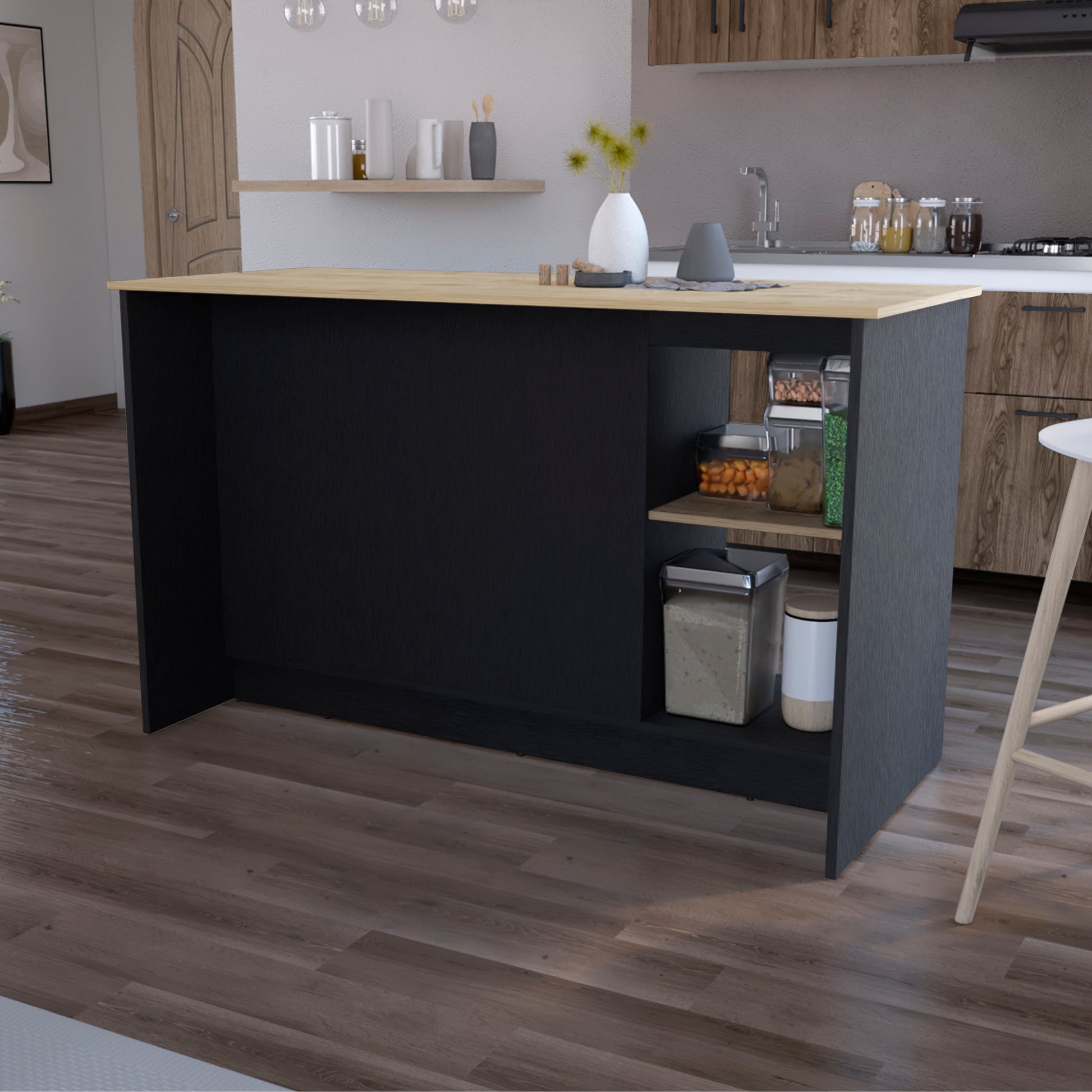 Mercury Kitchen Island With Spacious Countertop, Double Door Cabinets, And 2 Open Storage Shelves Multi Kitchen Modern Rectangular Stationary Kitchen Islands Melamine Particle Board Large 56 In