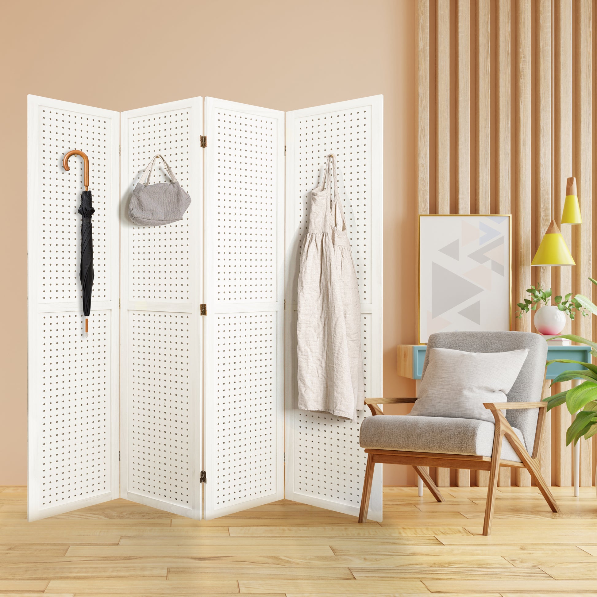 4 Panel Room Divider, 5.6Ft Pegboard Display Wooden Room Divider Folding Privacy Screen Room Divider Freestanding Peg Board Display For Trade Show Craft Show Home Wall Organizer, Elegant White White Modern Wood