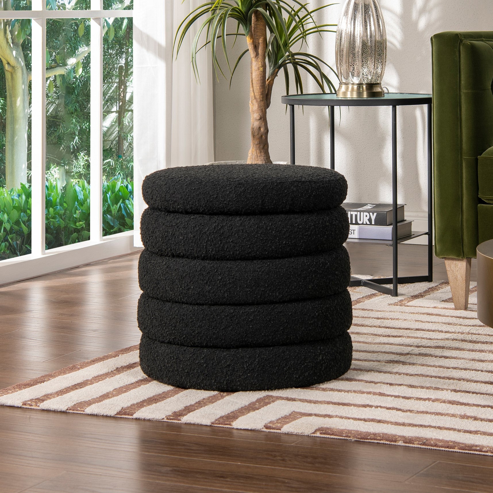 Fuji 19" Oversized Round Storage Ottoman, Ebony Black Boucle Black Foam Boucle